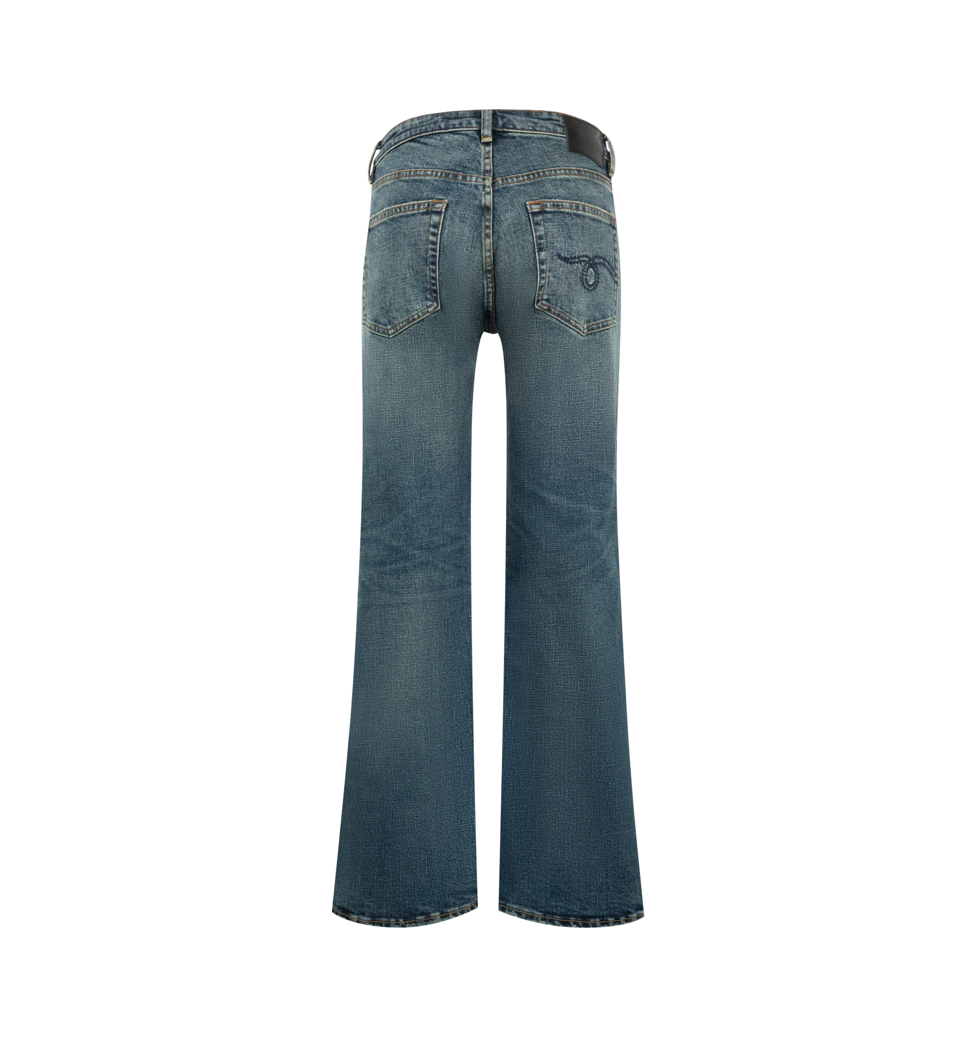 Image 2 of 3 - BLUE - R13 Womens Kick Flare Jeans are crafted from mid-weight Japanese black stretch denim and feature a relaxed fit with flared legs from the knee to the hem. Finished with a vintage dark black wash and subtle grinding throughout. Main Material: 98% Cotton, 2% Polyurethane. Imported. 