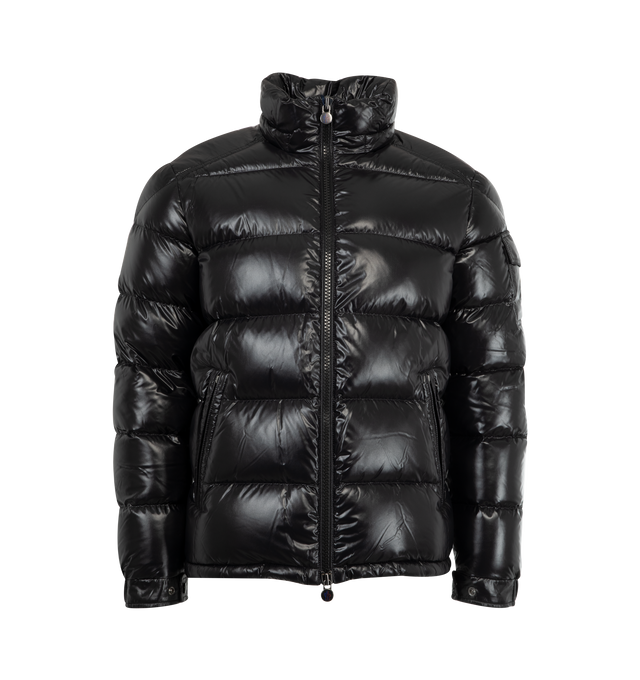 Image 2 of 4 - BLACK - MONCLER Maya Jacket featuring nylon laqu lining, down-filled with boudin quilting, detachable hood with snap buttons, adjustable with drawstring fastening, two-way zipper closure, zipped pockets, adjustable, elasticized cuffs with snap buttons, hem with drawstring fastening, flap patch pocket on sleeve and felt Moncler logo on sleeve. 100% polyamide/nylon. Padding: 90% down, 10% feather.