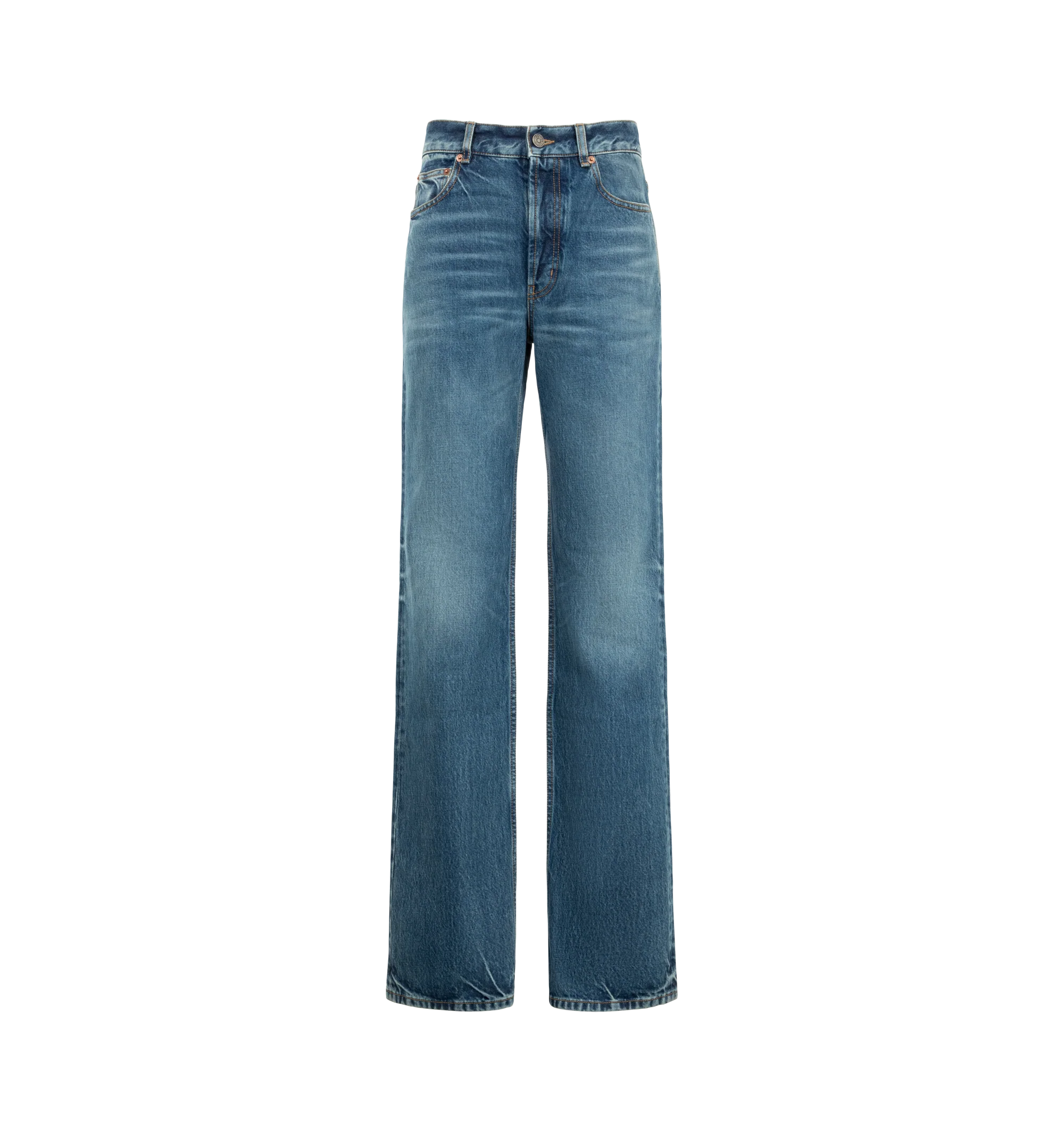 Image 1 of 3 - BLUE - Saint Laurent Women's Straight-Leg Nico Jeans are crafted from cotton denim and feature a button closure with a button fly and classic five-pocket construction. Saint Laurent Paris-embossed leather jacron at the back complete the design. Main Material: Cotton. Made in Italy.