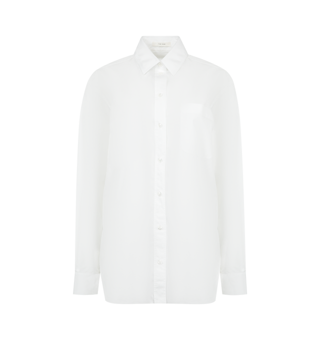Image 1 of 4 - WHITE - THE ROW Gavina Shirt featuring classic button-up shirt in smooth sea island cotton chambray with front patch pocket, slim back yoke and exposed front button placket. 100% cotton. Made in Italy.