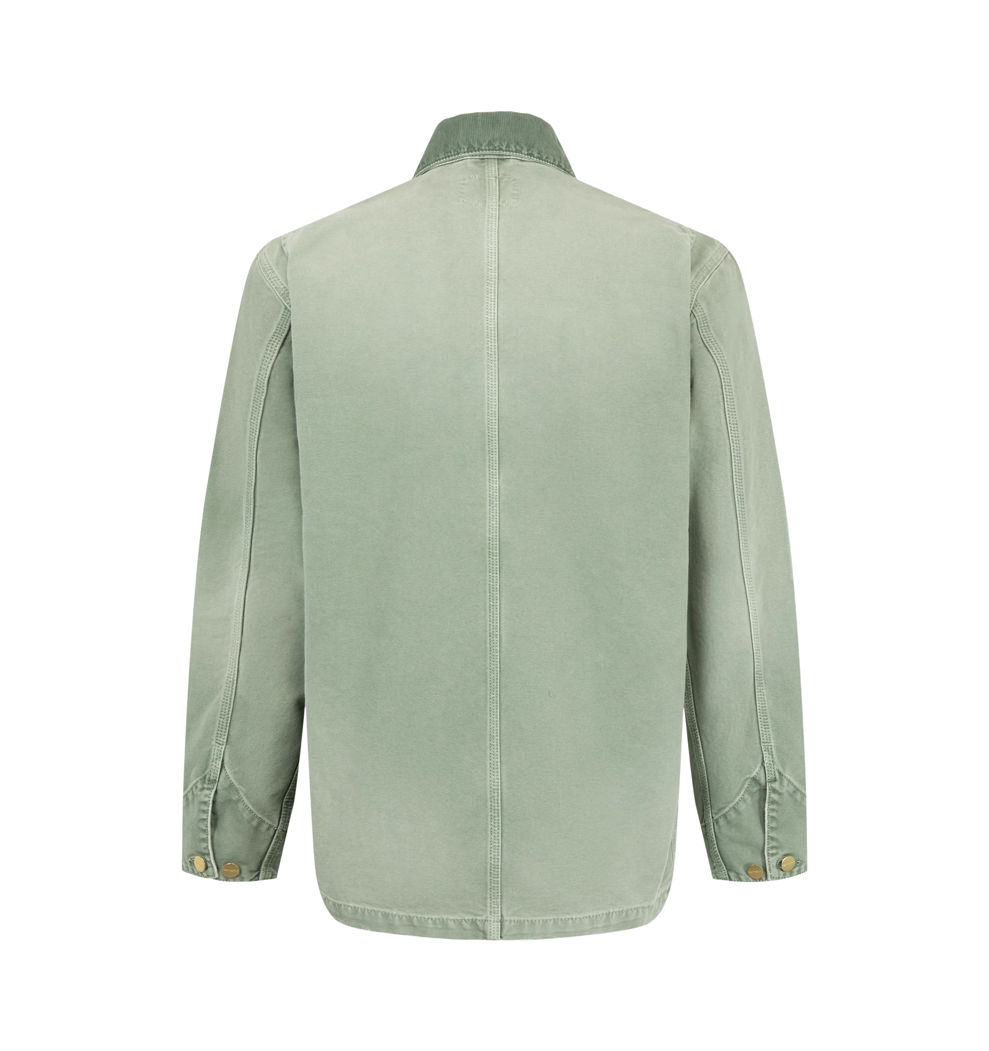 Image 2 of 2 - GREEN - Carhartt WIP Men's OG Chore Coat is crafted from heavyweight organic Dearborn canvas and features a diamond-quilted lining, corduroy collar, front button closure, and multiple utility-inspired patch pockets. Cut in the brand's original loose fit, this designer chore coat combines durable triple-stitch construction, reinforced stress points, and premium workwear detailing with everyday versatility. Main Material: 100% Organic Cotton Dearborn Canvas (12 oz). Lining: Diamond-Quilted. Fit