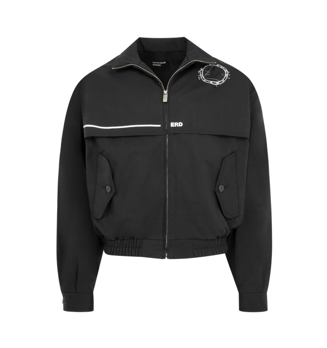 Image 1 of 3 - BLACK - ENFANTS RICHES DEPRIMES Serge Track Jacket featuring zip front closure, Japanese cotton nylon gabardine, viscose lining, stand collar, panelled construction, flap pockets with button closure, elastic waistband and printed artwork.