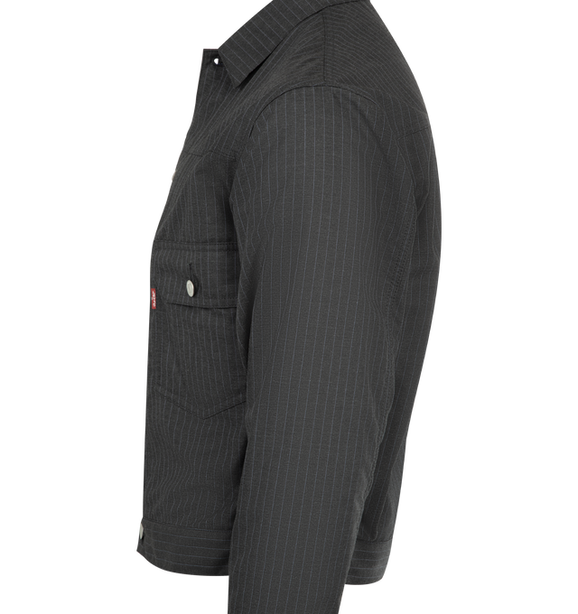 Image 3 of 3 - BLACK - JUNYA WATANABE Levi's Type 2 Jacket featuring classic collar, front metal button closure, pin stripe fabric, full internal lining, two chest pockets, Levi's tab logo at front pocket, adjustable button tabs at waist and button close cuffs. 50% viscose, 50% polyester. Made In Japan. 