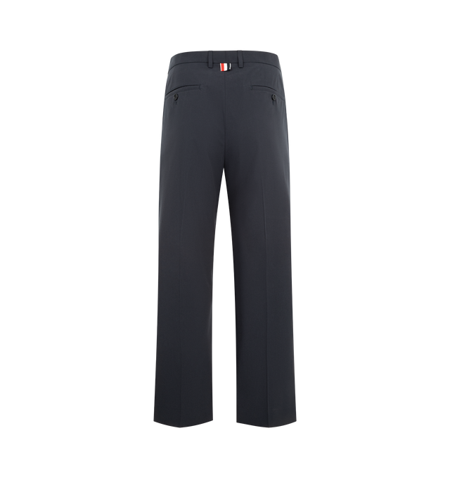 Image 2 of 3 - NAVY - THOM BROWNE Cotton Suiting Beltloop Relaxed Trousers featuring tab closure with zip fly, slip hand pockets with RWB grosgrain trim, buttoned back welt pockets, creased legs, signature striped grosgrain loop tab and relaxed fit. 100% cotton. Made in Italy.