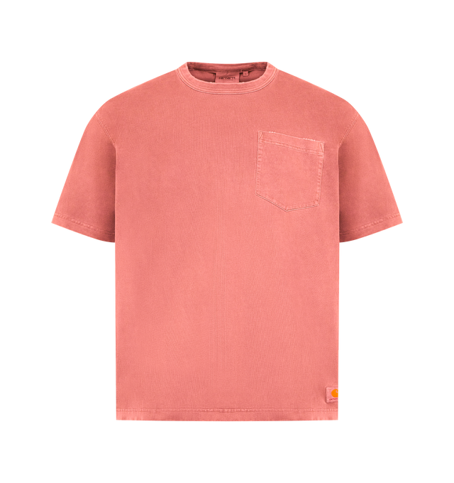 Image 1 of 2 - RED - CARHARTT WIP Torion Pocket T-Shirt featuring a loose fit from a midweight organic cotton jersey, a slightly distressed, worn-in finish, chest pocket, detailed with an overdyed Square Label, short sleeves and crew neck. 100% organic cotton.