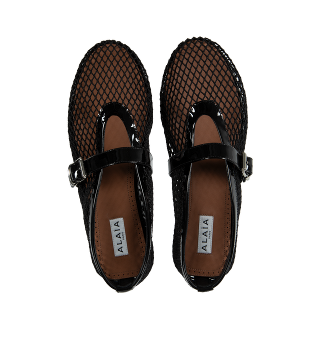 Image 4 of 4 - BLACK - ALAIA ballet flats in fishnet inspired by classical Japanese shoes.  90% Polyamide / 10% calfskin upper, 100% lambskin lining, 90% calf leather /10% rubber sole. Made in Italy.  