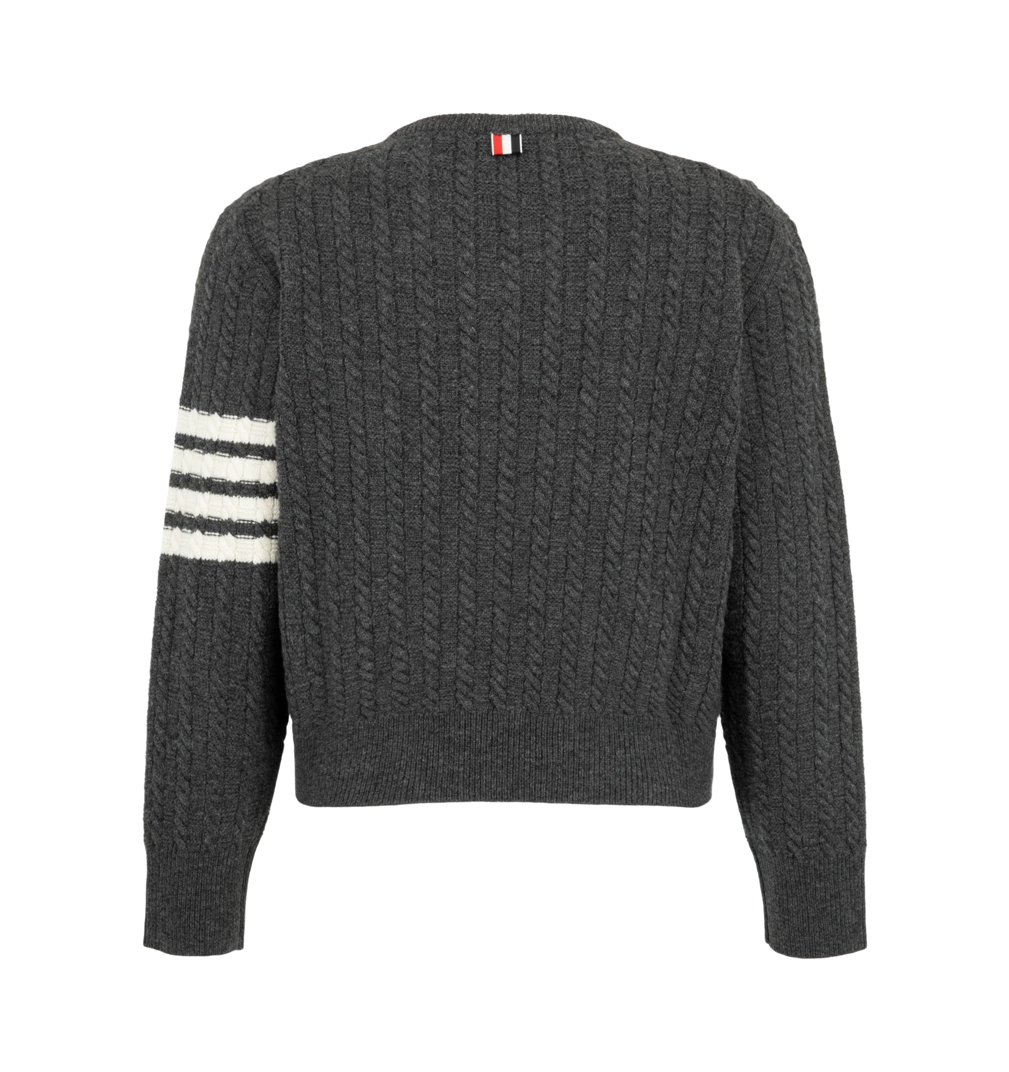 Image 2 of 2 - GREY - Thom Browne Men's Intarsia Anchor and Cable Relaxed V-Neck Pullover is crafted from virgin merino wool with cable-knit construction and jersey float jacquard for added texture. A contrast-stitched anchor intarsia, signature 4-Bar detailing, ribbed neckline, cuffs, and hem, and a striped grosgrain loop tab complete the design. Main Material: 100% Virgin Wool. Made in Italy. 