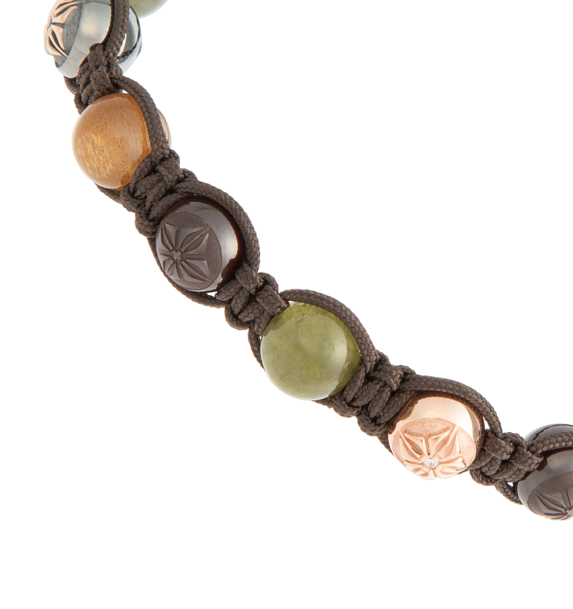 Image 2 of 2 - BROWN - Shamballa Jewels Braided Bracelet featuring an 18K rose gold lock with black rhodium plating, black and G/VS natural diamonds, green sapphires, light brown moonstones, brown ceramic beads, and a dusty brown braided cord. For personal consultation and detailed information about jewelry, please contact our dedicated stylist team at personalshopping@hirshleifers.com.This item may be restricted for online purchase to international clients. For assistance purchasing this item please contac