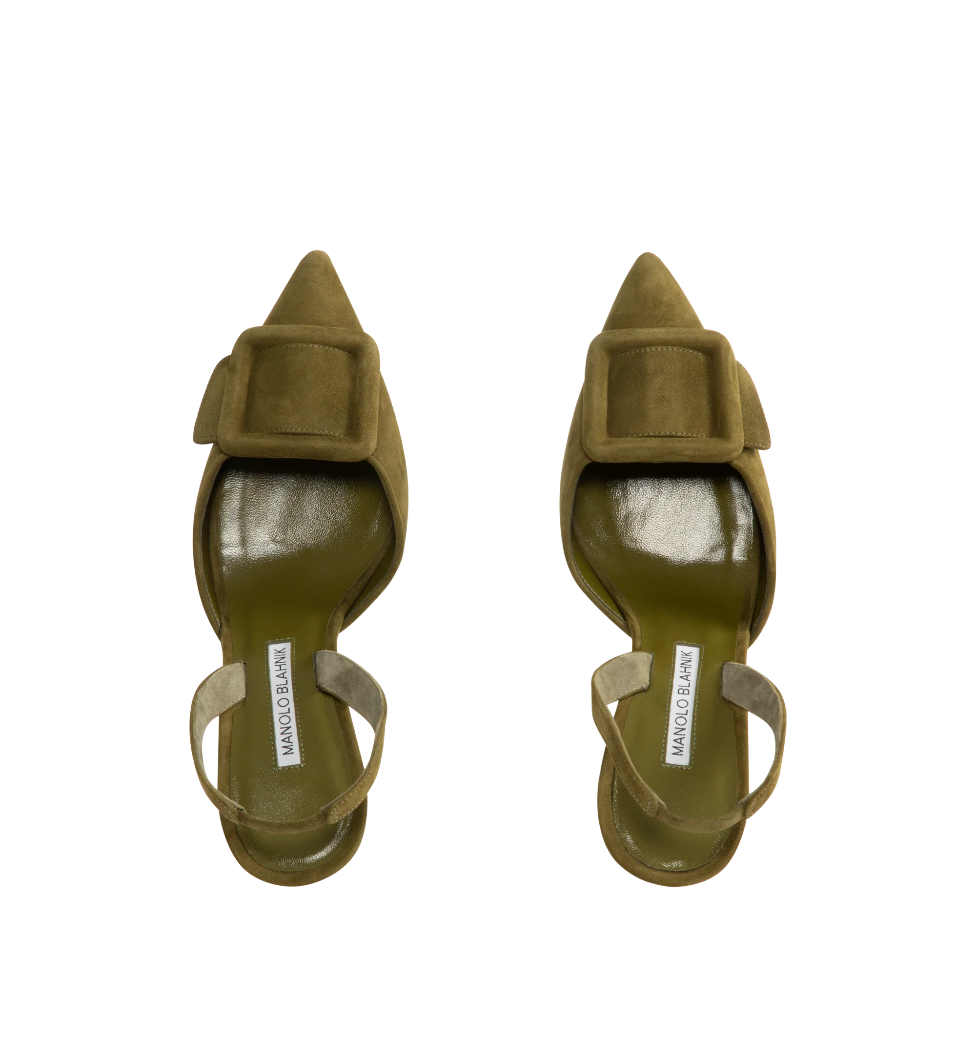 Image 4 of 4 - GREEN - MANOLO BLAHNIK Suede Buckle Detail Slingback Pumps with 2.7" stiletto heel, pointed toe with tonal buckle detail, leather lining and leather sole. Made in Italy.