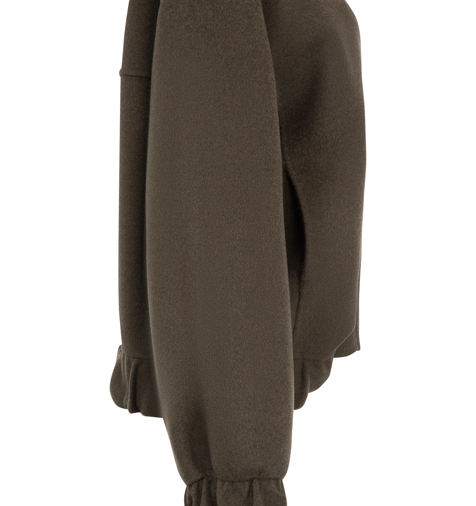 Image 4 of 4 - BROWN - Khaite Women's Cordan Jacket is crafted from double-face wool and features a cropped, relaxed bomber silhouette with signature armhole seaming, architectural topstitching, and softly rounded volume. Elasticated panels at the hem and cuffs, in-seam side pockets, and a front zip closure complete this designer wool jacket, combining exceptional craftsmanship with modern, sculptural tailoring for effortless everyday layering. Main Material: 100% Double-Face Wool.
