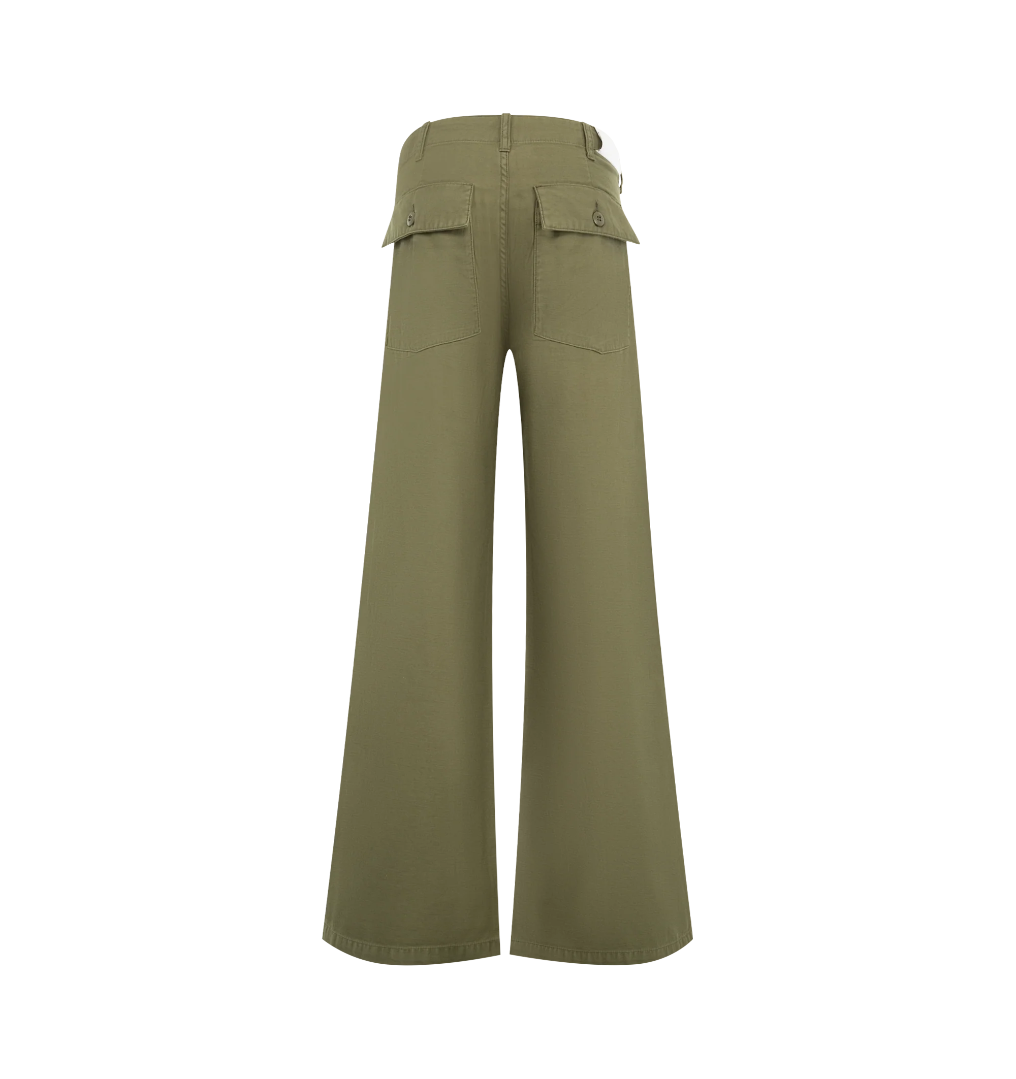 Image 2 of 3 - GREEN - R13 D'Arcy Flare Utility Pants are crafted from Japanese military slub-yarn back sateen and feature a relaxed silhouette with a dramatic flared leg. Inspired by the brand's signature D'Arcy fit, the design combines utilitarian styling with a modern shape, finished with a button fly, slant hip pockets, and flap back pockets. Main Material: 100% Cotton.