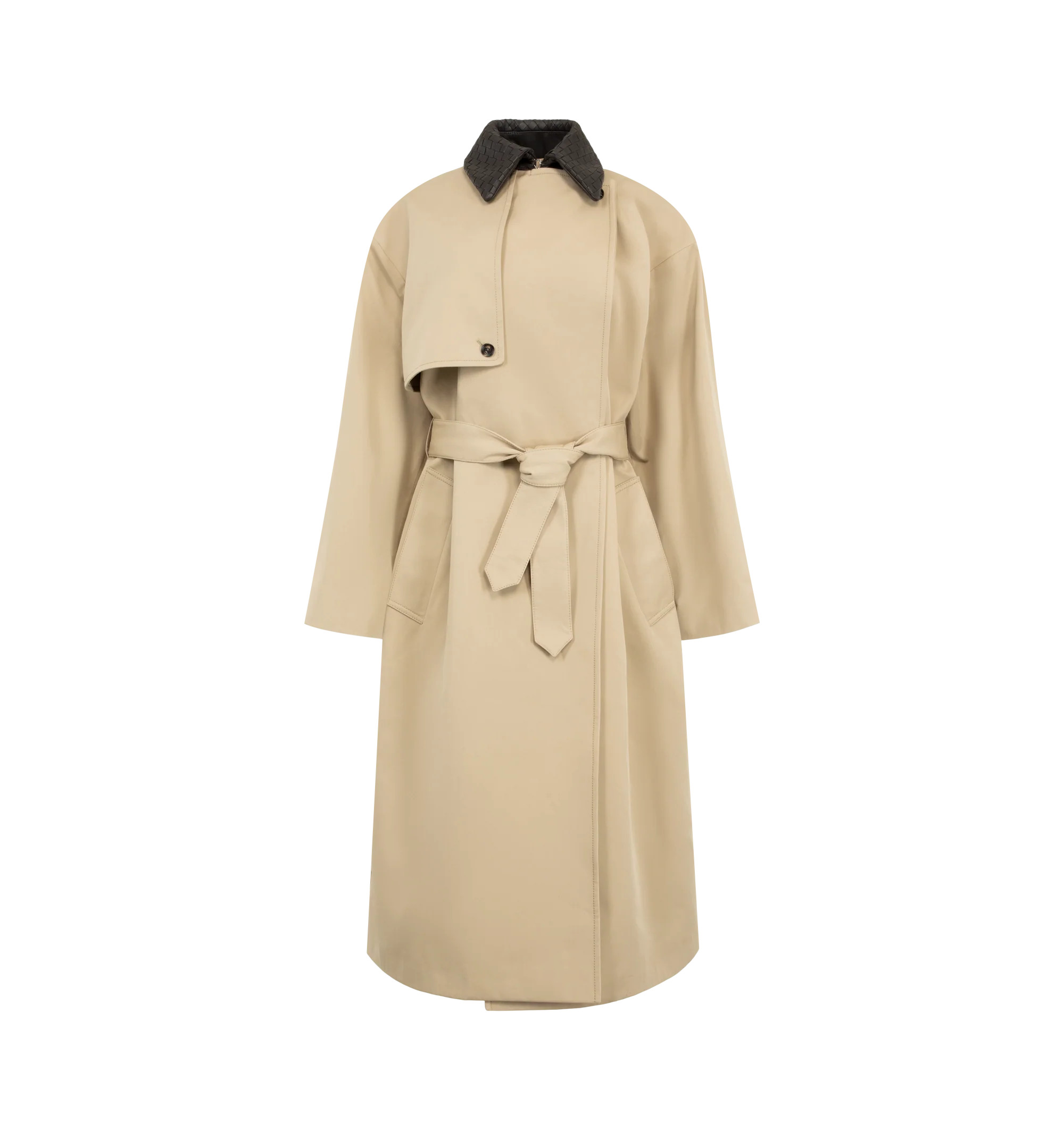 Image 1 of 2 - NEUTRAL - Bottega Veneta Womens Trench Coat is crafted from lightweight water-repellent cotton and features an Intrecciato leather collar. Designed in a regular fit, it is finished with a belted waist, button-front closure, and classic trench styling. Main Material: Lightweight Cotton; Collar: Intrecciato Leather. Made in Italy.