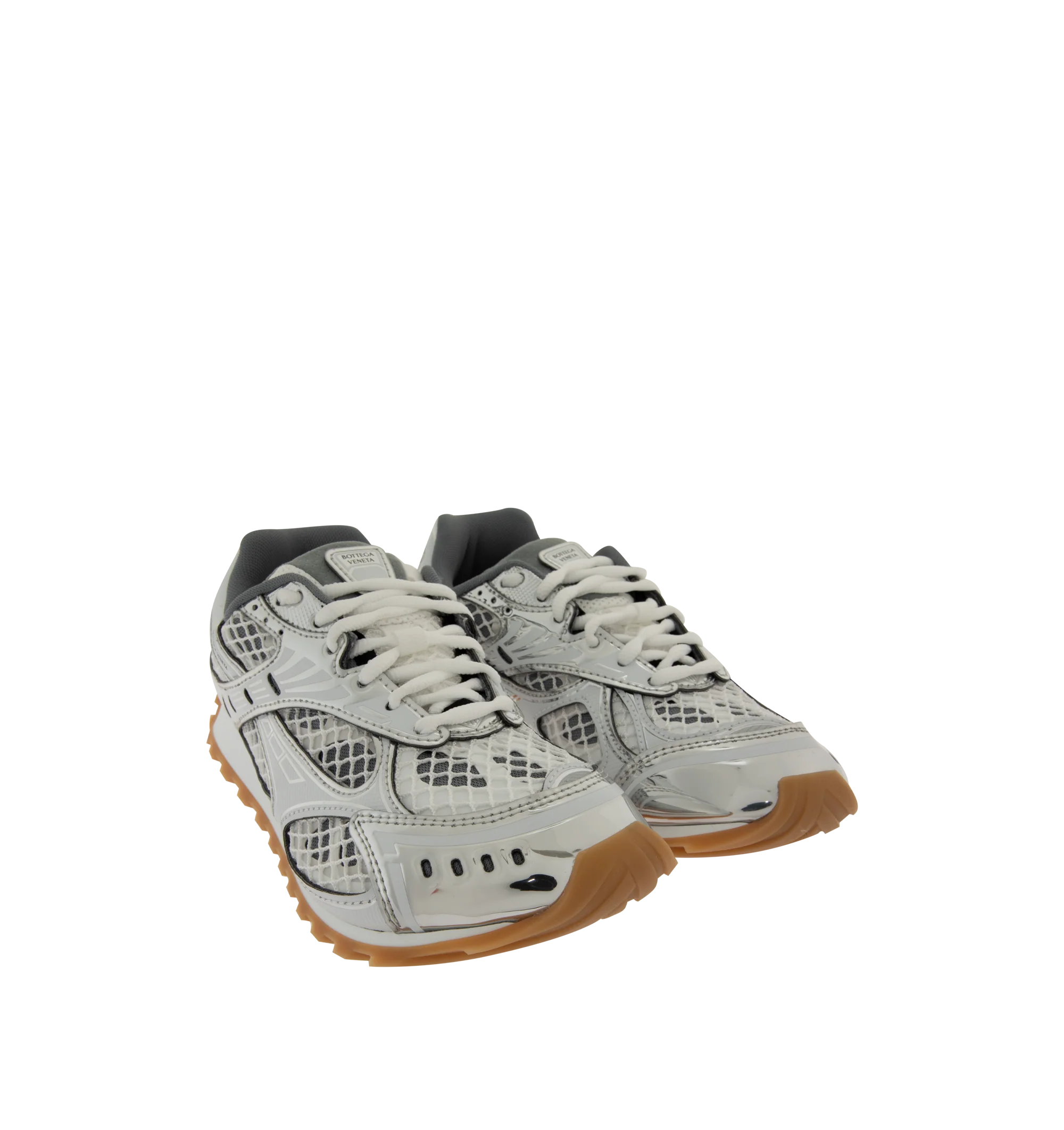 Image 2 of 5 - GREY - Bottega Veneta Orbit Sneaker featuring lace-up front, metallic rubber, mesh and fishnet panels, signature intrecciato weave and gripped soles. Rubber outsole. Made in Italy. 