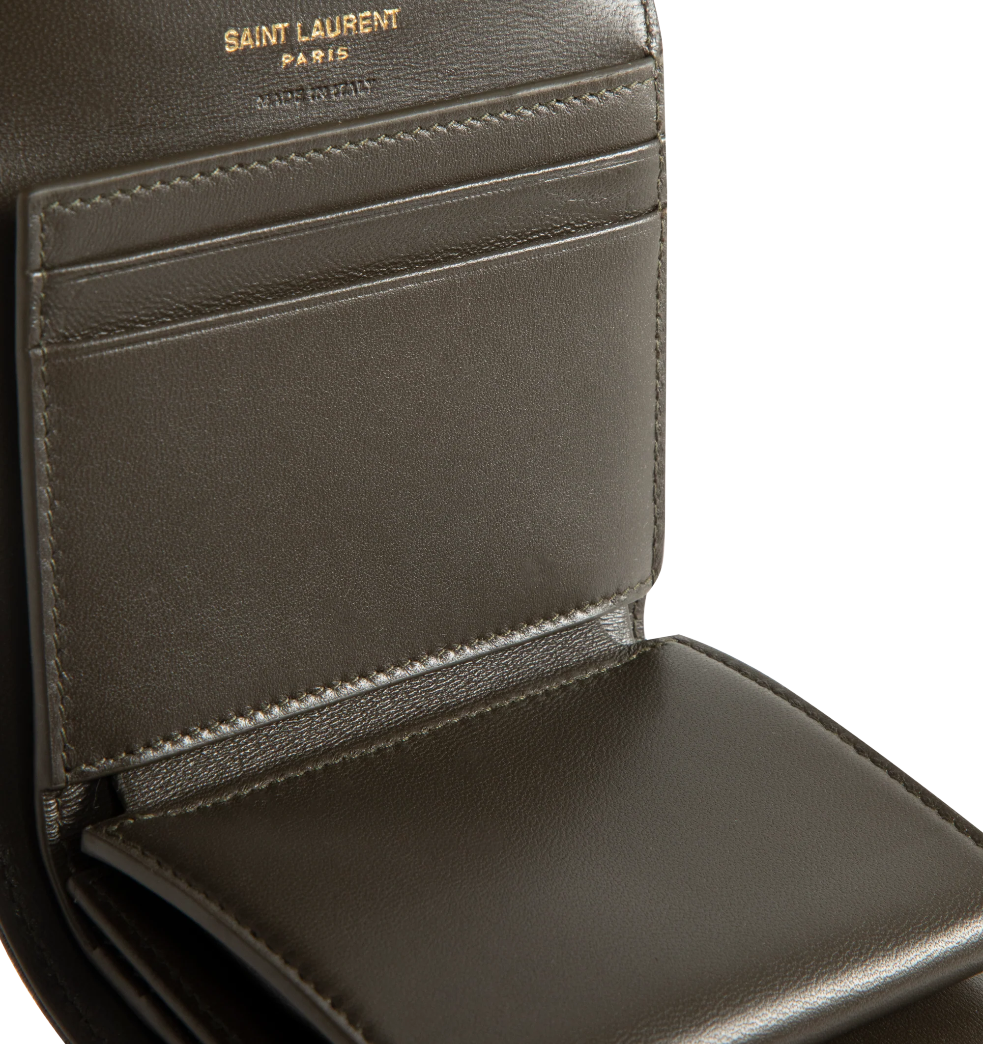 Image 3 of 3 - BROWN - SAINT LAURENT Multi Fold Wallet featuring chevron quilted overstitching, cassandre logo, leather lining, gold-toned hardware, snap-button closure, five card slots, one coin pocket, one bill compartment and one receipt compartment. 4.1 x 3.5 x 1.2 inches. Lambskin. Made in Italy.