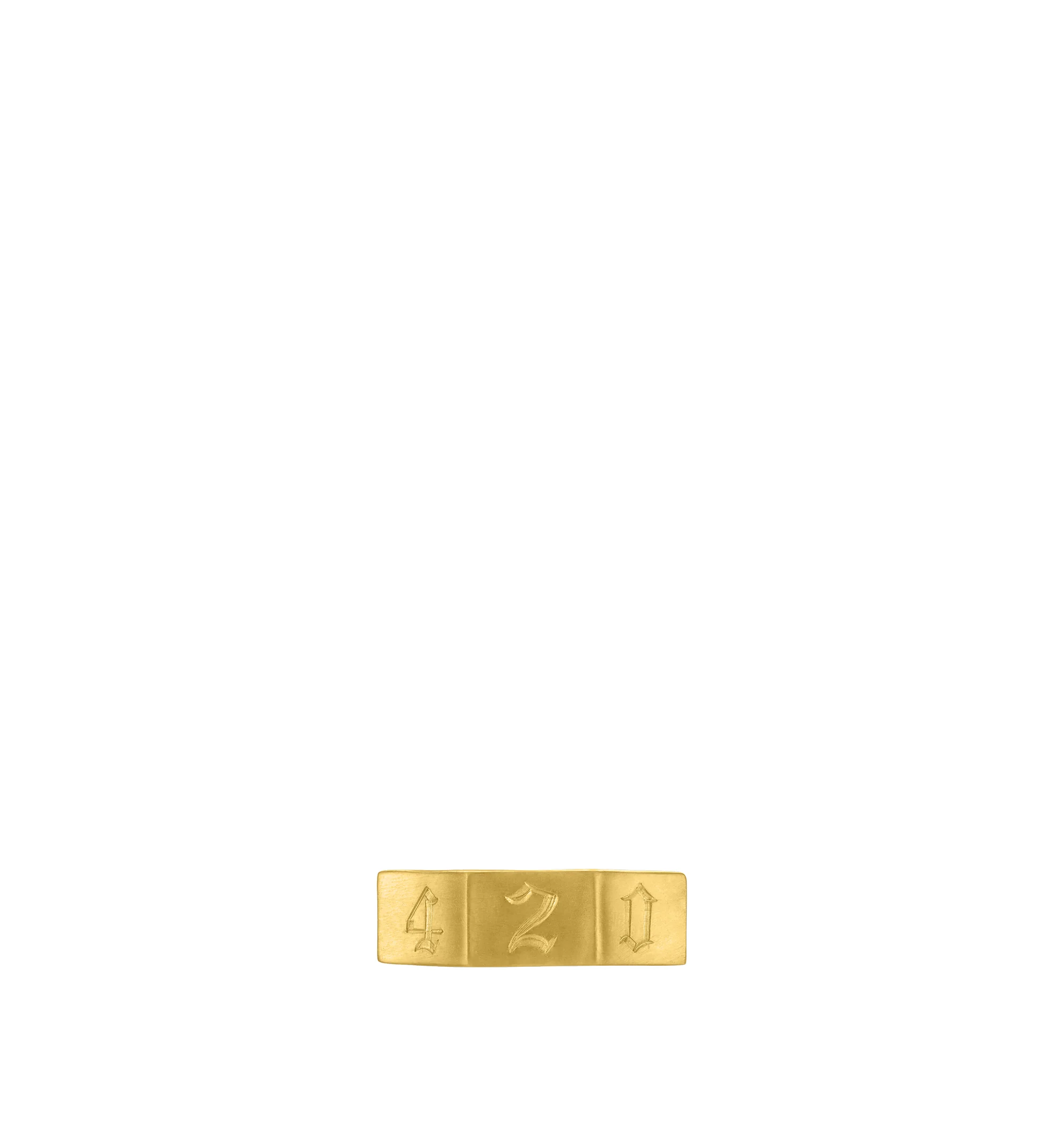 Image 1 of 2 - GOLD - Prounis 420 Ode Ring is handcrafted from 22K yellow gold and features elongated side facets with hand-engraved "420" lettering. Designed with a smooth interior suitable for a personalized inscription. Band Width: 6.5 mm. Handmade in New York. For personal consultation and detailed information about jewelry, please contact our dedicated stylist team at personalshopping@hirshleifers.com.This item may be restricted for online purchase to international clients. For assistance purchasing