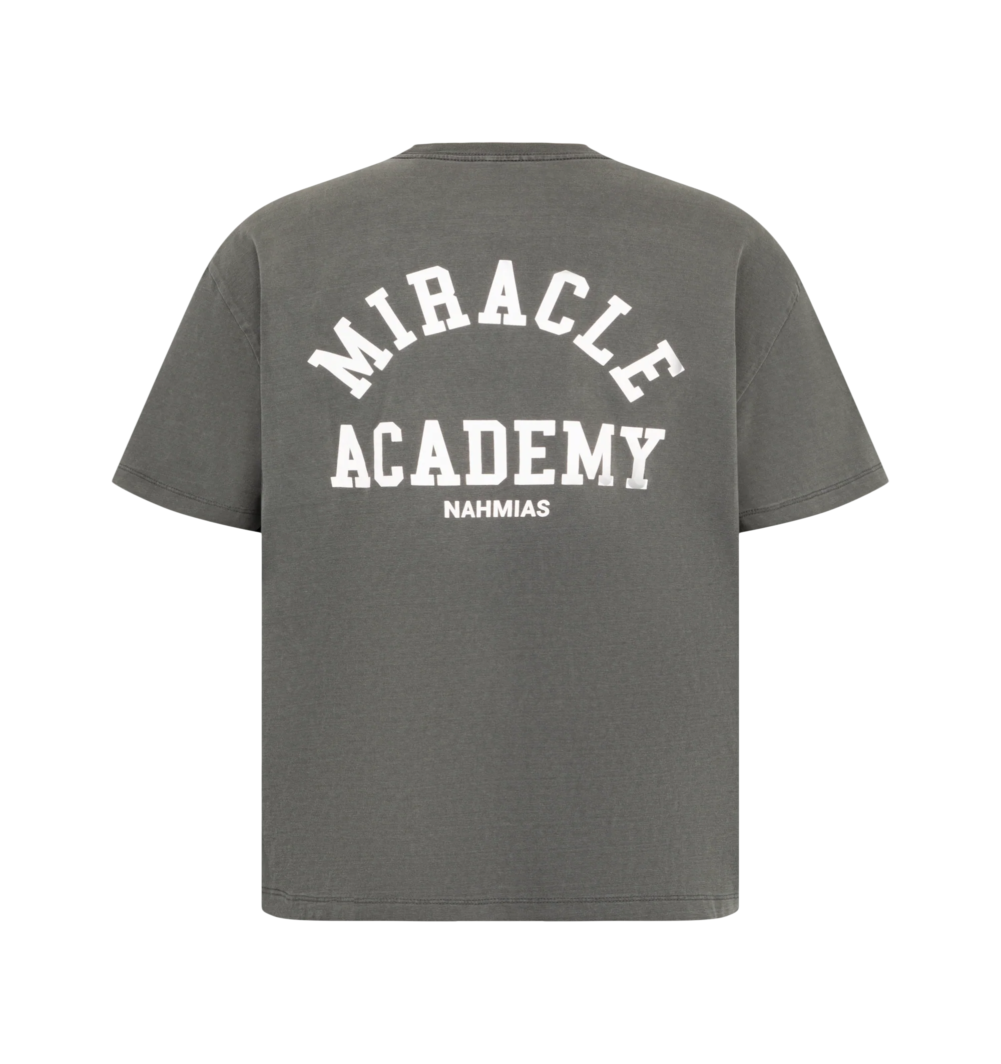 Image 2 of 2 - GREY - Nahmias Men's Miracle Academy Boxy T-Shirt is crafted from soft cotton and made in Los Angeles for premium everyday comfort. Designed with an oversized boxy fit, it features the signature Miracle Academy logo on the front and back, delivering a bold yet effortless streetwear aesthetic. Material: 100% Cotton