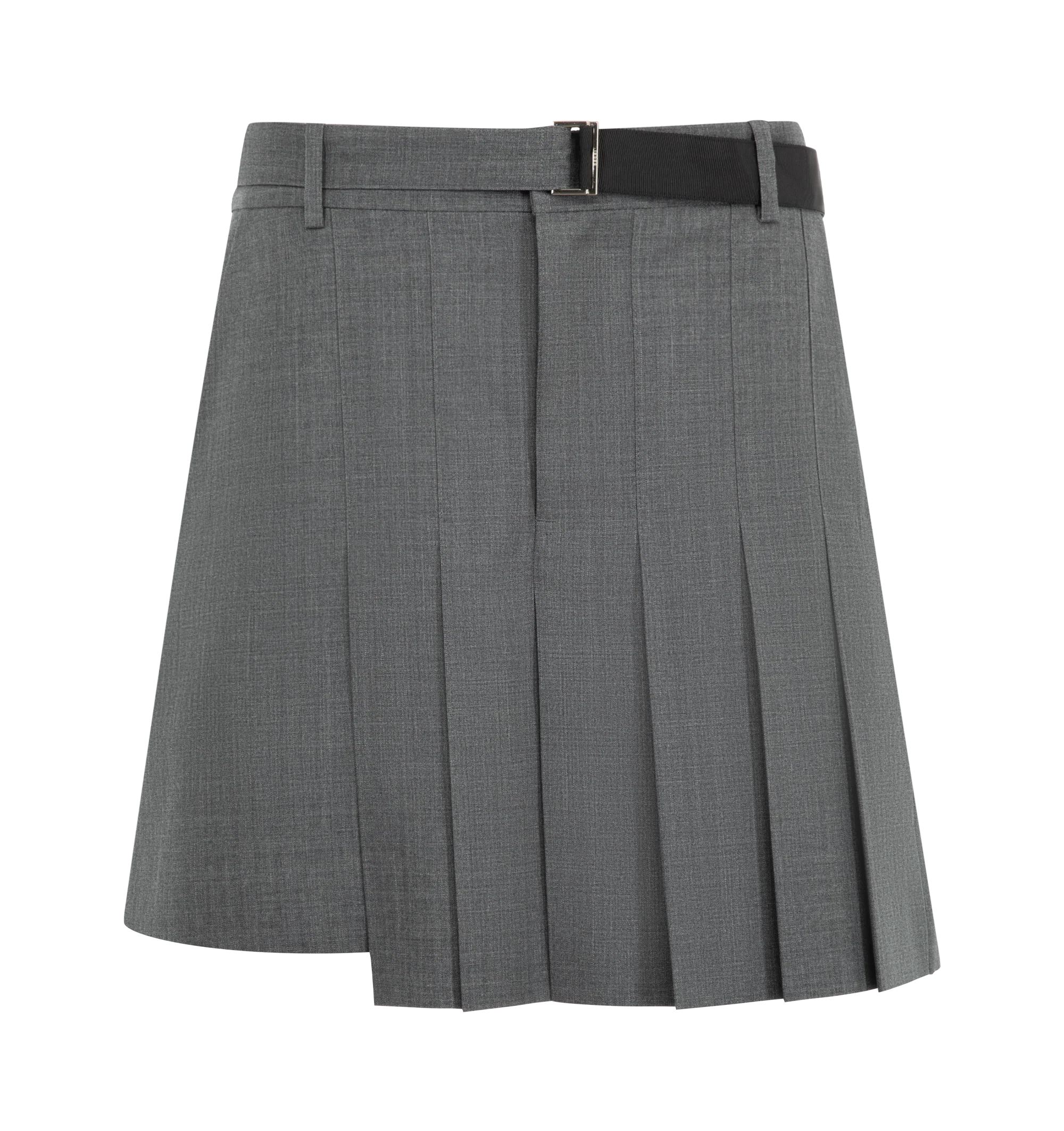 Image 1 of 3 - GREY - Sacai pleated suiting shorts in an above-knee length with asymmetric hemline and built-in adjustable belt. Outer fabric is 70% polyester / 30% wool with 100% cupro lining. Made in Japan. 