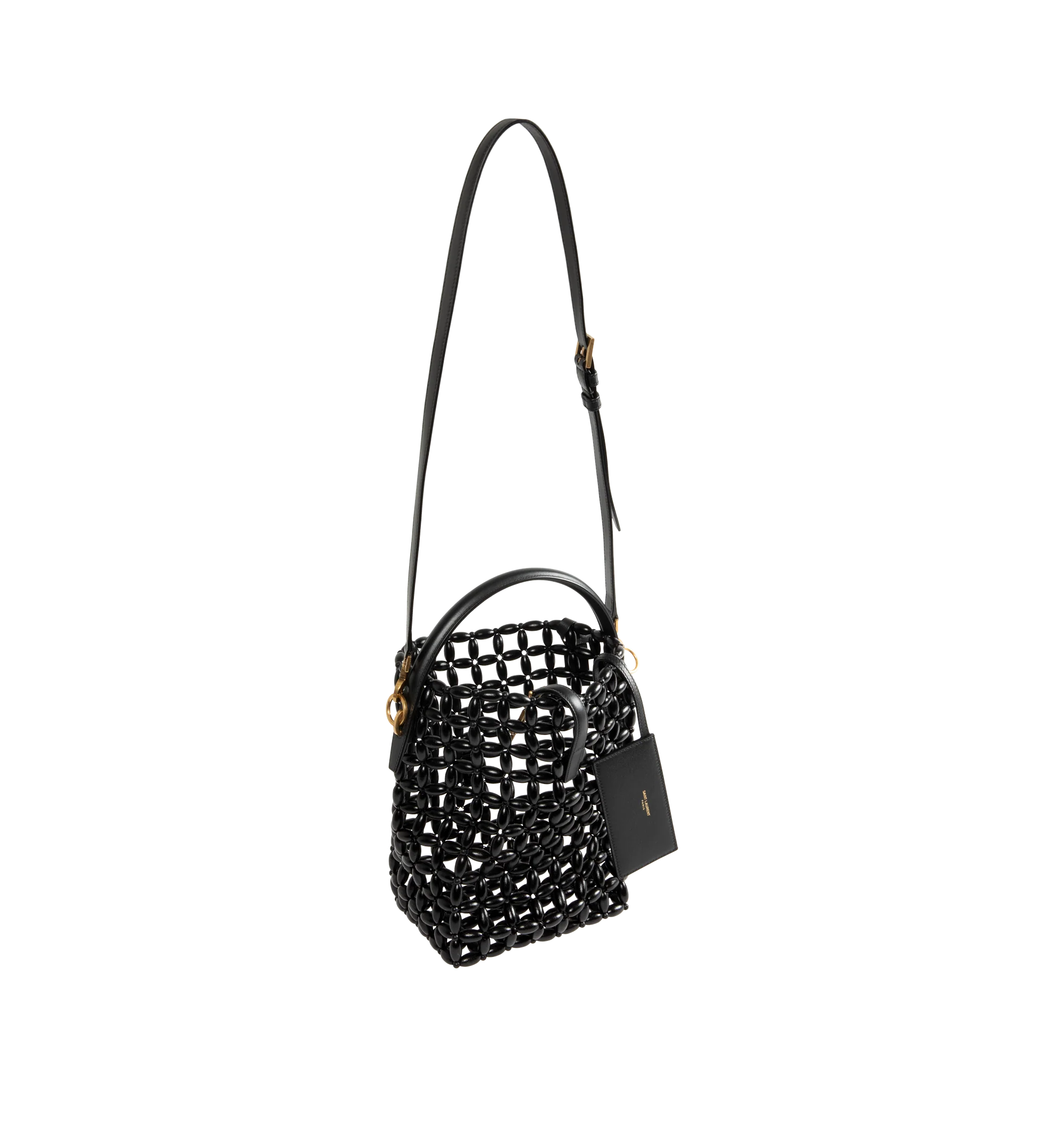 Image 2 of 3 - BLACK - Saint Laurent Womens Le 37 Bucket Bag is crafted from wooden beads. Features an open-work design, top handle, adjustable and removable crossbody strap, YSL strap closure, interior zip pouch, and bronze-tone hardware. Dimensions: 17 20 13 cm. Main Material: Wooden Beads; Hardware: Bronze-Tone Metal. Made in Italy.
