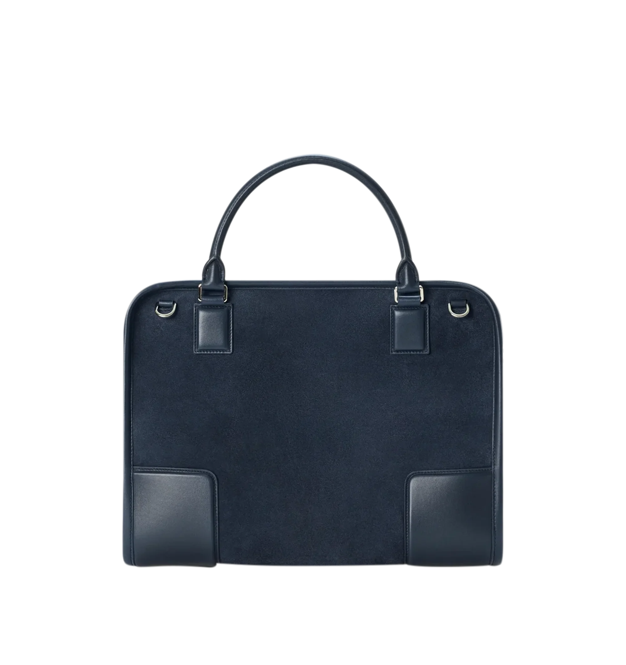 Image 8 of 16 - NAVY - Loewe Large Amazona 180 Bag in suede featuring a relaxed silhouette anchored by a single toron top handle, designed to be carried open while a concealed closure secures the main compartment, removable shoulder and crossbody straps, zip closure with two leather zip pullers, two compartments, main compartment closed with magnetic closure, internal flat pocket, left side d-ring for customization, suede and nappa lambskin lining, embossed LOEWE and embossed double L branding. Suede/calf.  