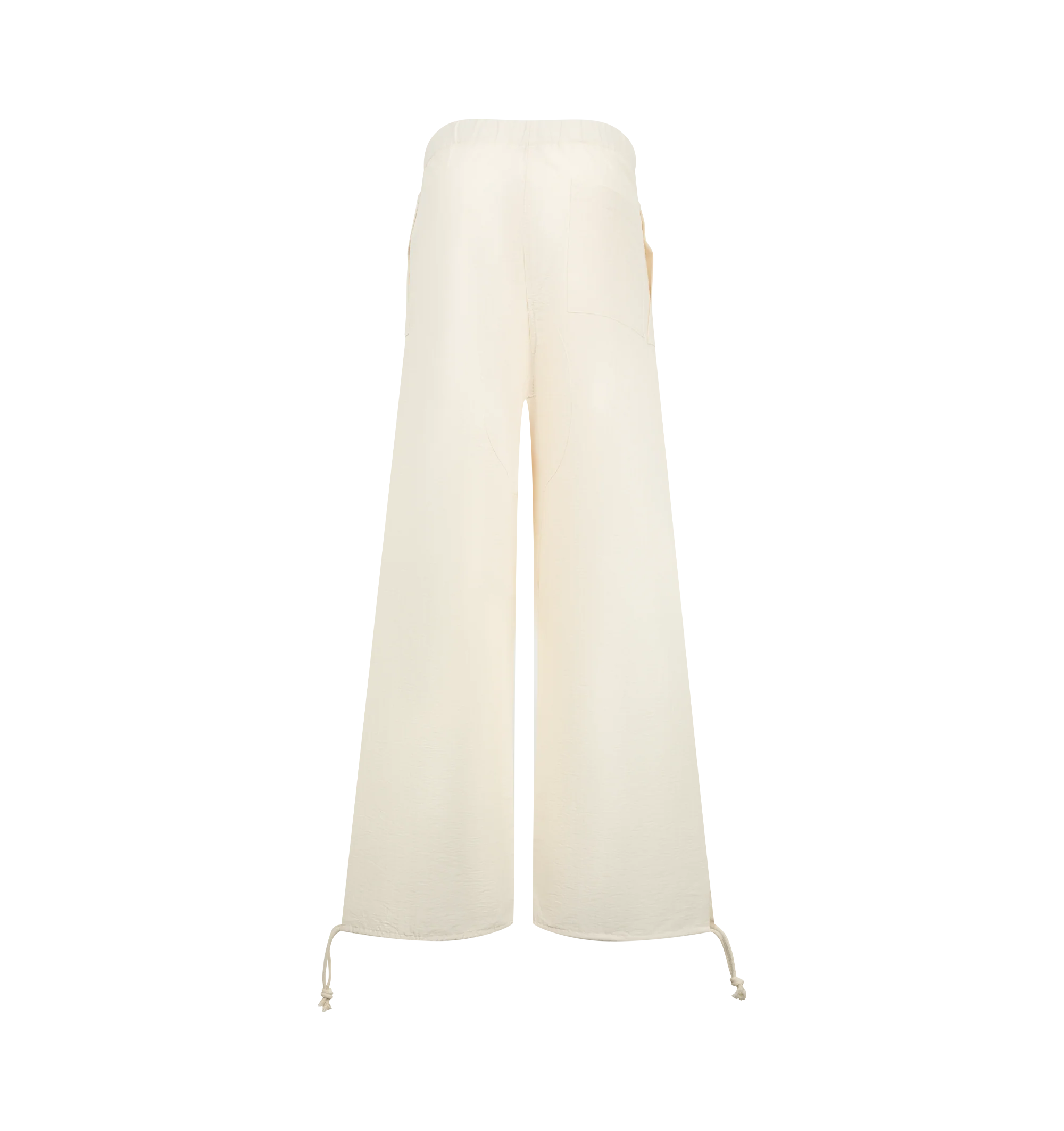 Image 2 of 3 - NEUTRAL - JW Anderson Women's Parachute Track Pants in ivory textured cotton nylon. Inspired by vintage Swedish utility trousers, in a relaxed fit. A wide leg silhouette with ties at the bottom, features leg pockets with concealed fastenings. Finished with a horn button fly and logo embroidery details. Composition 89% Cotton; 11% Polyamide. Made in Italy. 