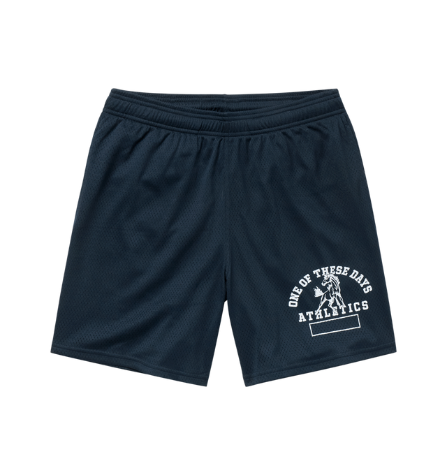 Image 1 of 3 - NAVY - ONE OF THESE DAYS Mustang Athletics Mesh Drawstring Shorts featuring soft mesh, elastic waist with internal drawcord and side-seam pockets. 100% polyester.