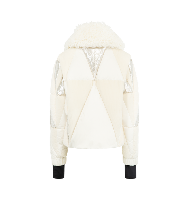 Image 2 of 3 - WHITE - MONCLER GRENOBLE Pamiers Patchwork Insulated Ski Jacket featuring teddy, polyester and metallic fabric intarsia, polyester lining, down-filled, wool blend collar, zipper closure, zipped pockets, inside media pocket with YKK AcquaGuard highly water resistant zipper closure, ski pass pocket with zipper closure, powder skirt, adjustable cuffs, hem with drawstring fastening and technical jersey wrist gaiters. 100% polyester. Collar: 90% virgin wool, 10% polyester. Padding: 90% down, 10% f 