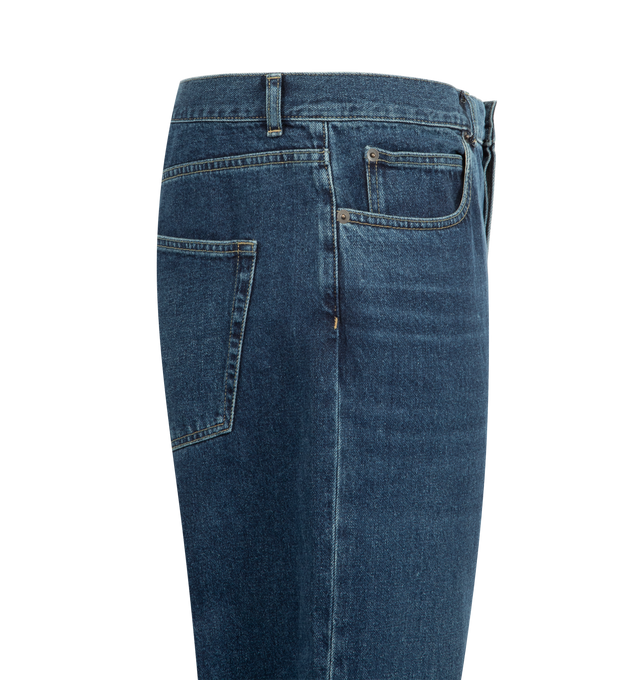 Image 3 of 3 - BLUE - THE ROW Siouxie Jean featuring relaxed mid-rise jean in midweight indigo denim with straight leg, contrast topstitching, and classic 5-pocket construction. 100% cotton. Made in Japan.