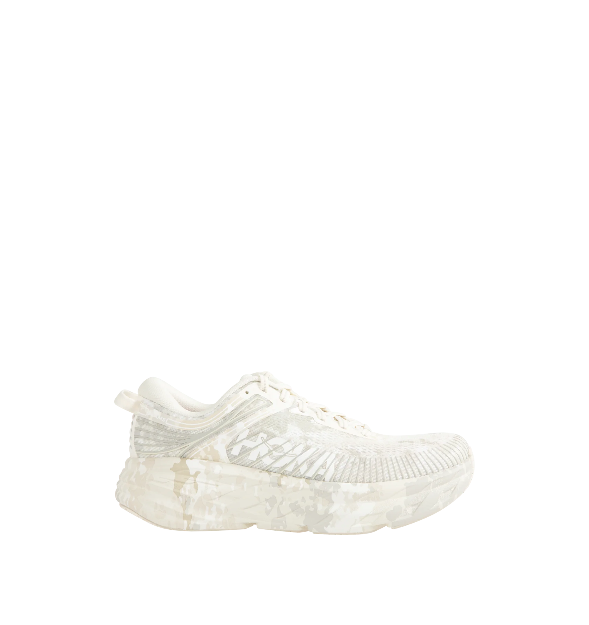 Image 1 of 5 - WHITE - Hoka Unisex Bondi 7 Beams Sneakers reinterpret the ultra-cushioned silhouette with a custom camouflage upper inspired by Japanese Zen gardens. The vegan open-mesh construction features a memory foam collar, TPU overlays, 3D-printed logos, a reflective secondary lace, and a lace keeper. Upper: Vegan Mesh and TPU. *Unisex style in men's sizing.