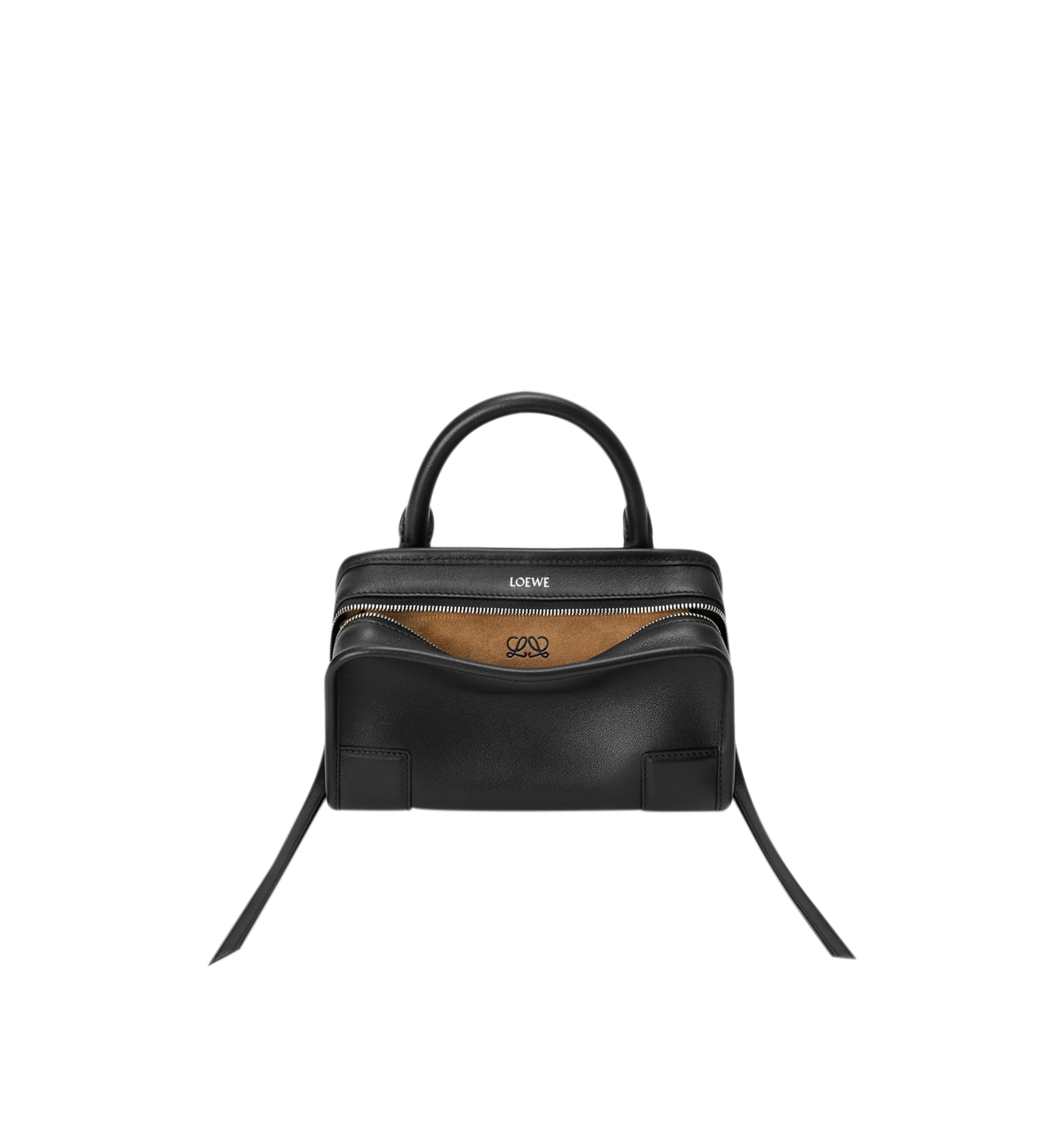 Image 1 of 11 - BLACK - Loewe Mini Amazona 180 Bag in leather features a relaxed silhouette anchored by a single toron top handle, designed to be carried open, while a concealed closure secures the main compartment, removable shoulder and crossbody straps, two carry options: short handle, removable and adjustable crossbody strap, zip closure with two leather zip pullers, two compartments, main compartment closed with magnetic closure, left side d-ring for customization, suede and nappa lambskin lining, and
