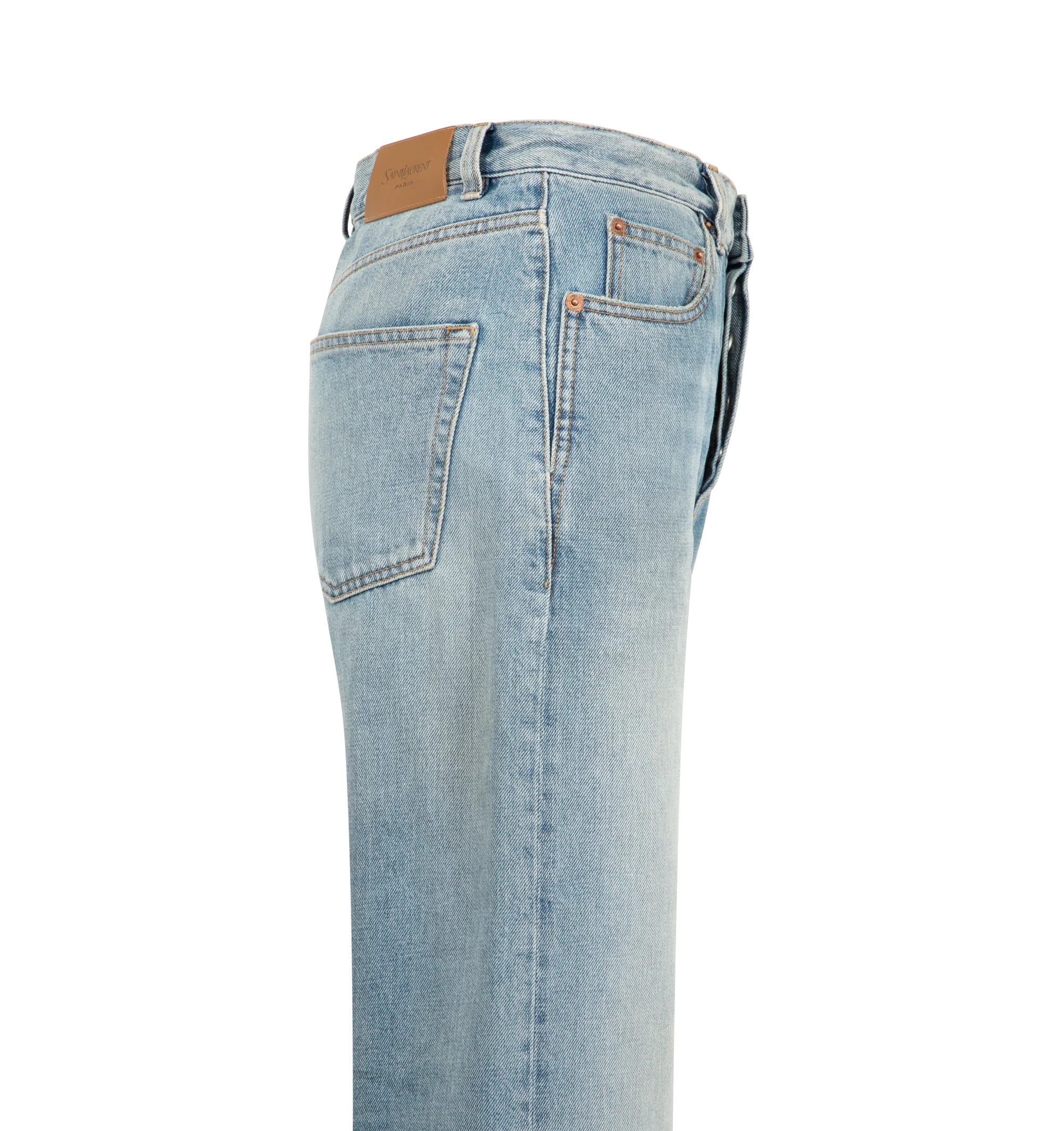 Image 3 of 3 - BLUE - Saint Laurent Women's Neo 90's Baggy Jeans are crafted from premium denim and feature a low-rise silhouette with a relaxed baggy leg inspired by iconic 1990s styles. Designed with a classic five-pocket construction, zip fly, and belt loops, these designer jeans combine effortless vintage-inspired proportions with Saint Laurent's signature Parisian edge for versatile everyday wear. Main Material: 100% Cotton.