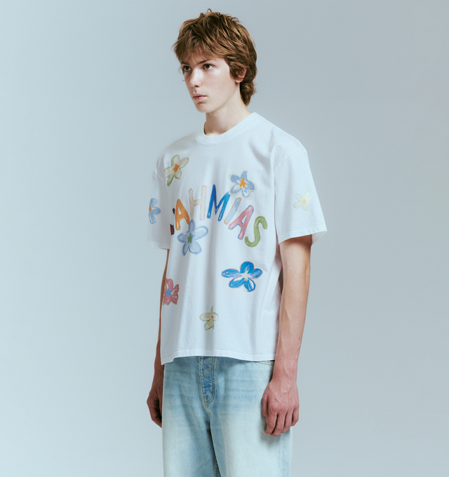 Image 3 of 4 - WHITE - NAHMIAS Super Bloom Boxy Tee featuring crew neck, short sleeves, graphic throughout and boxy fit. 100% cotton.
