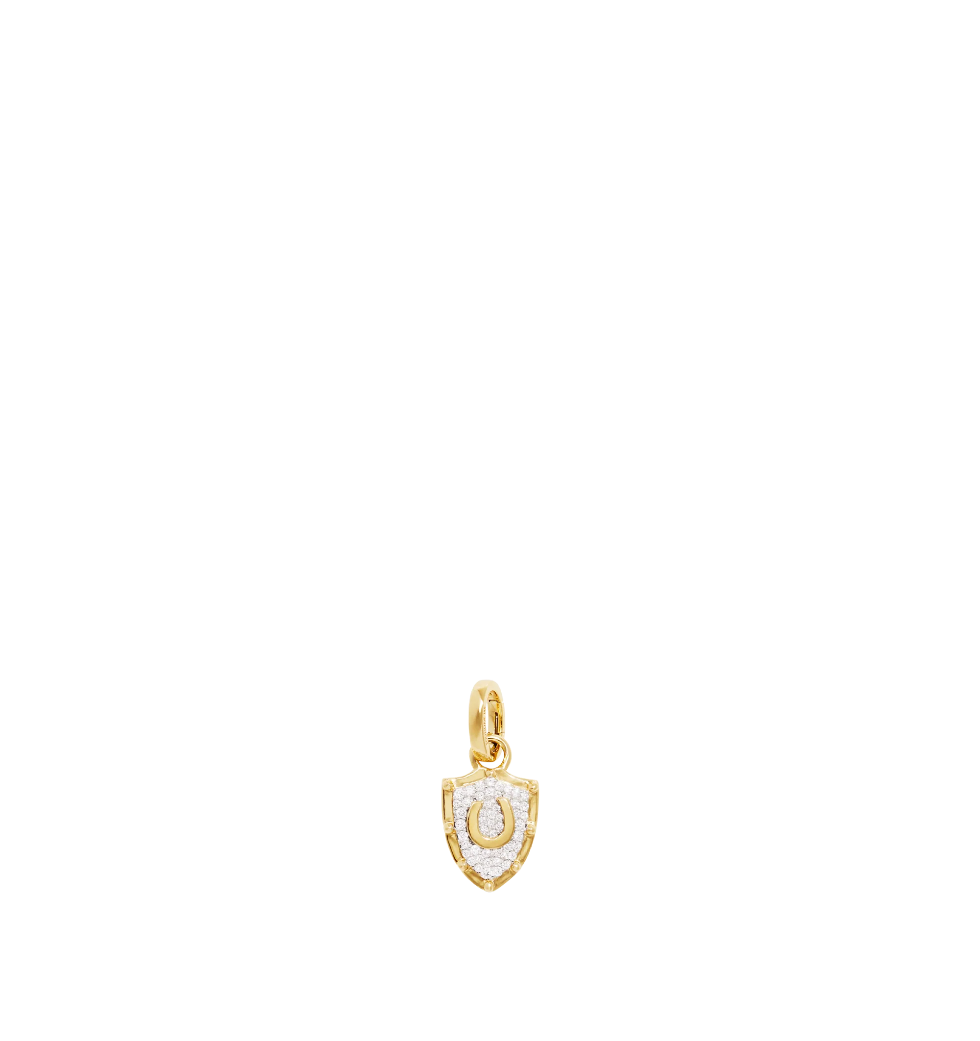 Image 1 of 2 - GOLD - FOUNDRAE Horseshoe Crest Miniature Pendant crafted in 18k Yellow Gold featuring a center horseshoe and set with pav diamonds. Diamond Weight: 0.19 ct. Medallion measures 13mm. Cheap Luxury Handbag Shop offers a range of initial pieces from this collection in-store. For personal consultation and detailed information about jewelry, please contact our dedicated stylist team at personalshopping@hirshleifers.com.