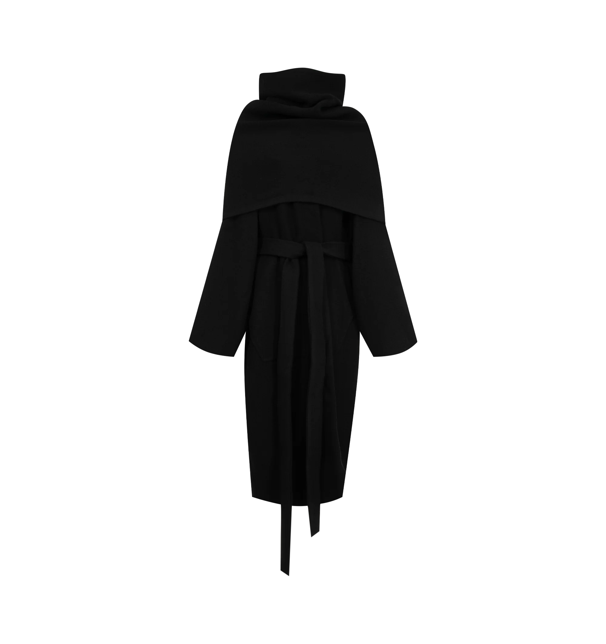 Image 2 of 4 - BLACK - Rick Owens Women's Dagger Robe is crafted from virgin wool and features a relaxed, draped silhouette with a deep cowl neckline. Designed with wide bell sleeves, a self-tie waist belt, two front pockets, and a midi-length hem for an elegant, fluid shape. Main Material: 100% Virgin Wool. 