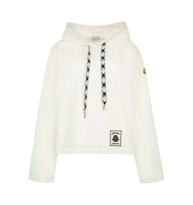 Image 1 of 1 - NEUTRAL - Moncler Womens Cotton Blend Hooded Sweatshirt is crafted from a cotton blend double knit. Features an adjustable hood with longue saison lining, kangaroo pockets, embroidered label, and logo patch. Base Fabric: 88% Cotton, 12% Polyamide / Nylon; Hood: 88% Cotton, 12% Polyamide / Nylon; Hood Lining: 100% Polyamide / Nylon. Made in Turkey.