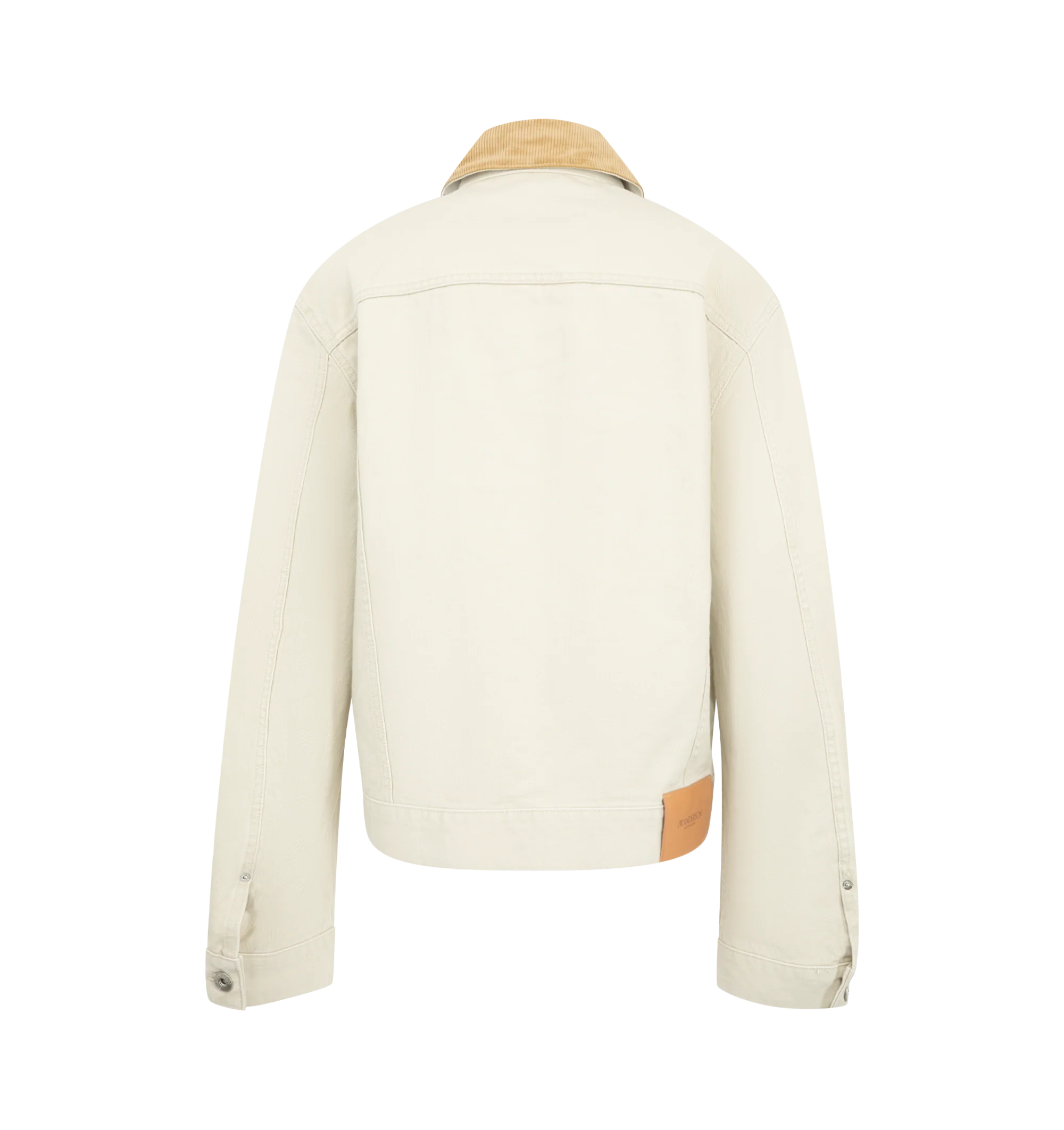 Image 2 of 3 - NEUTRAL - JW Anderson Women's Corduroy Collar Denim Jacket is crafted from Japanese cotton denim and features a relaxed workwear-inspired silhouette with a contrasting corduroy collar. Developed in collaboration with expert Japanese denim makers, the jacket is designed with a twisted patch pocket, engraved metal shank buttons, and a leather logo patch for a refined heritage finish. Main Material: 100% Cotton. Contrast: 100% Cotton. Pocketing: 100% Cotton. Made in Japan. 