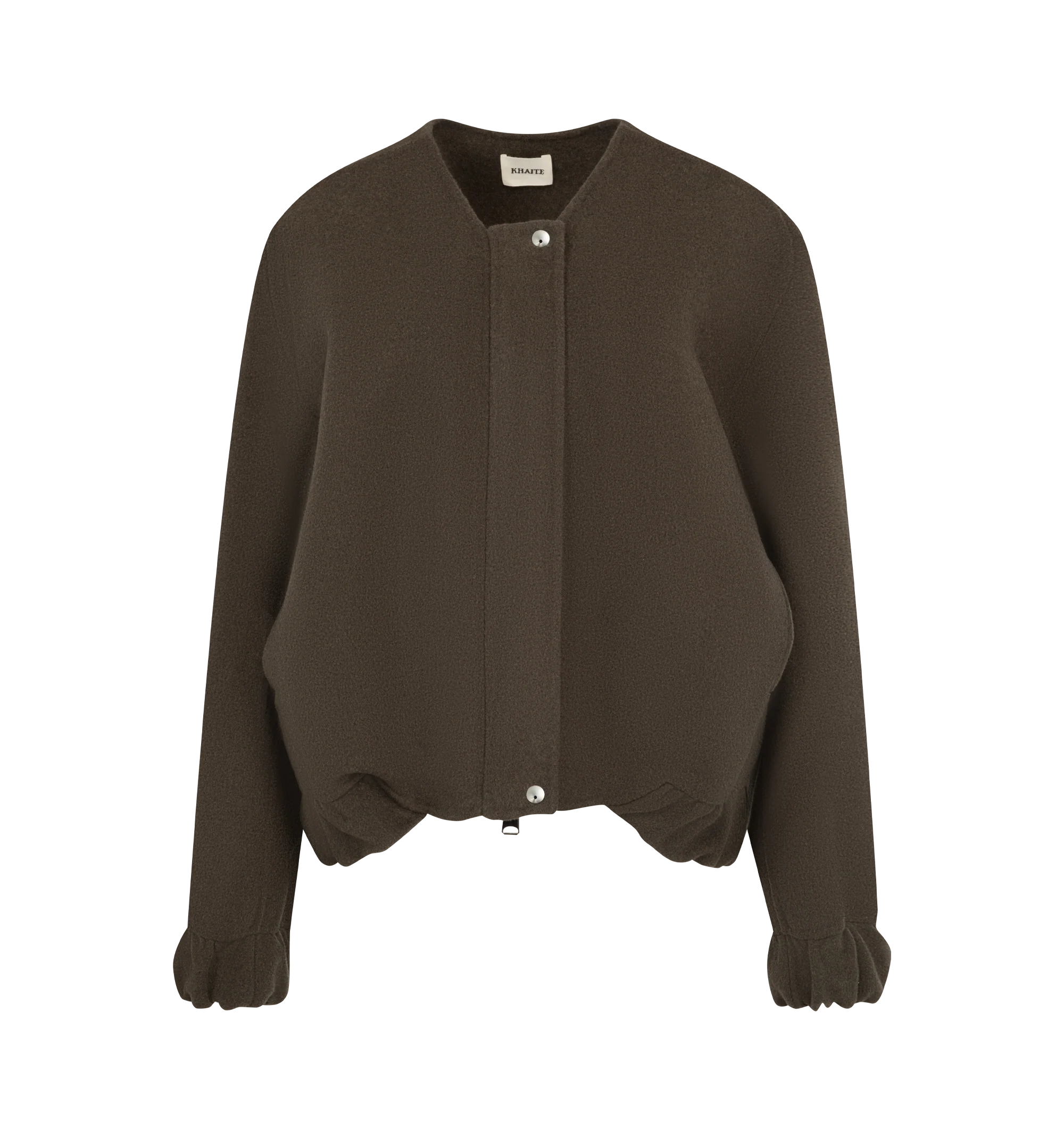 Image 1 of 4 - BROWN - Khaite Women's Cordan Jacket is crafted from double-face wool and features a cropped, relaxed bomber silhouette with signature armhole seaming, architectural topstitching, and softly rounded volume. Elasticated panels at the hem and cuffs, in-seam side pockets, and a front zip closure complete this designer wool jacket, combining exceptional craftsmanship with modern, sculptural tailoring for effortless everyday layering. Main Material: 100% Double-Face Wool.