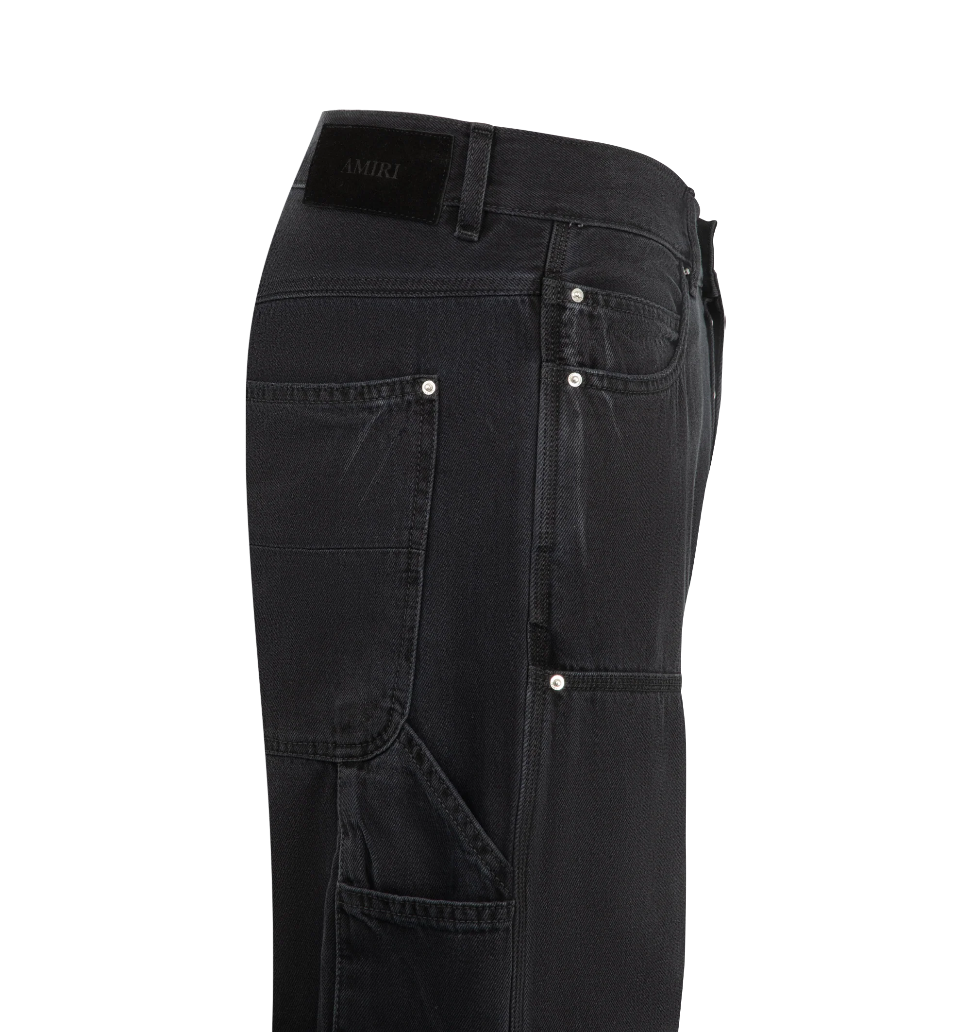 Image 3 of 4 - BLACK - Amiri Mens Lightweight Cotton Carpenter Jeans are crafted from cotton denim with lived-in washed and riveted front patches. Features a classic five-pocket construction, front patch panels, carpenter hammer loop, and zip-fly with button closure. Main Material: 100% Cotton. Made in Italy.