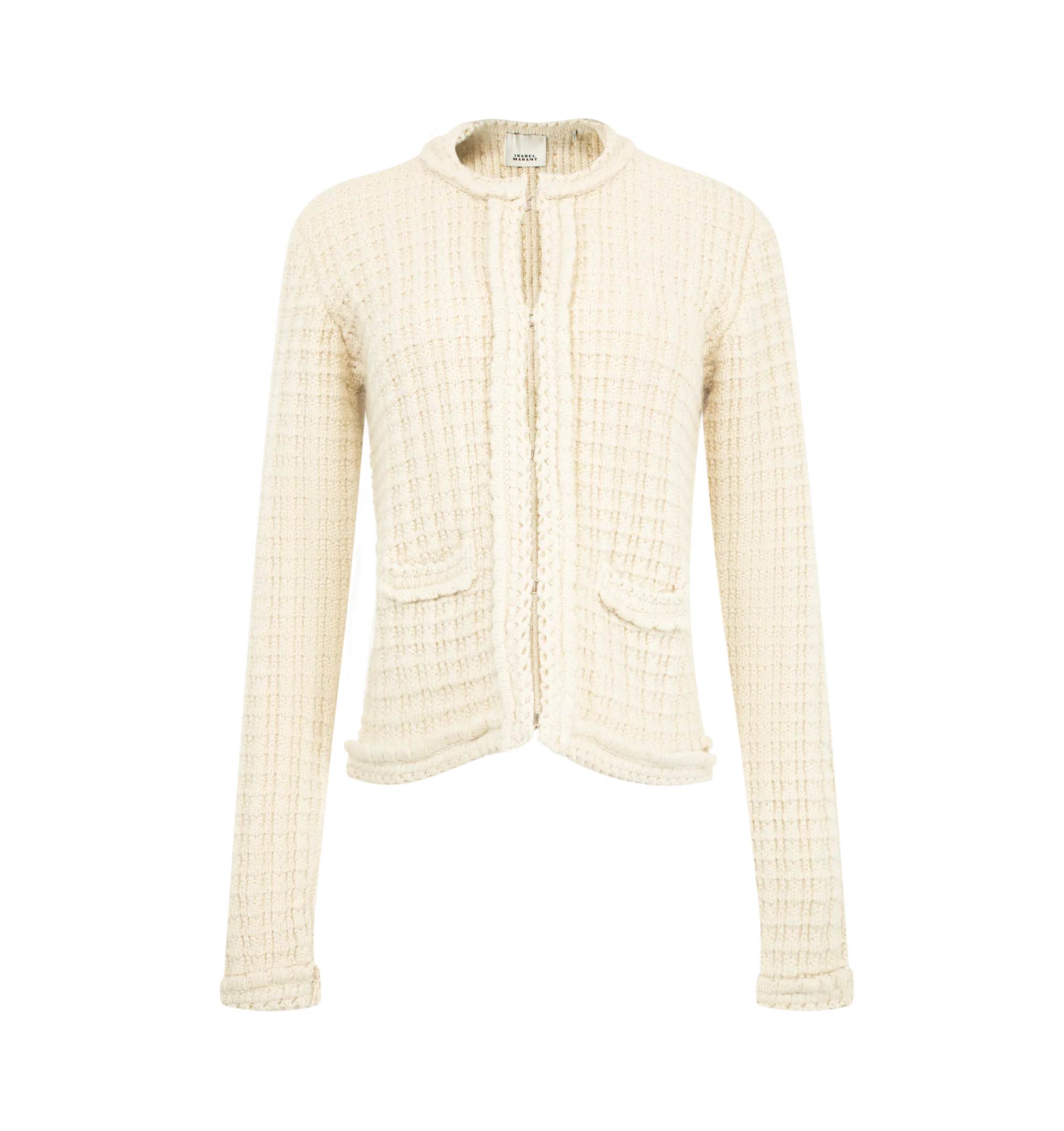 Image 1 of 2 - NEUTRAL - Isabel Marant Women's Hortense Cardigan is crafted from an ecru virgin wool and alpaca blend in a textured waffle knit. The slim-fitting silhouette features a round neckline, long sleeves, silver-tone hook fastenings, flat front pockets, and picot trim at the collar, cuffs, and hem. Main Material: 70% Virgin Wool, 30% Alpaca.