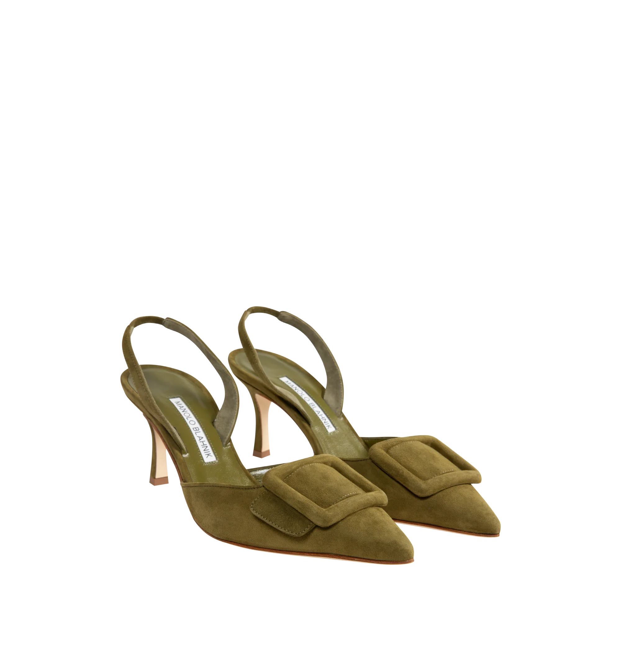Image 2 of 4 - GREEN - MANOLO BLAHNIK Suede Buckle Detail Slingback Pumps with 2.7" stiletto heel, pointed toe with tonal buckle detail, leather lining and leather sole. Made in Italy.