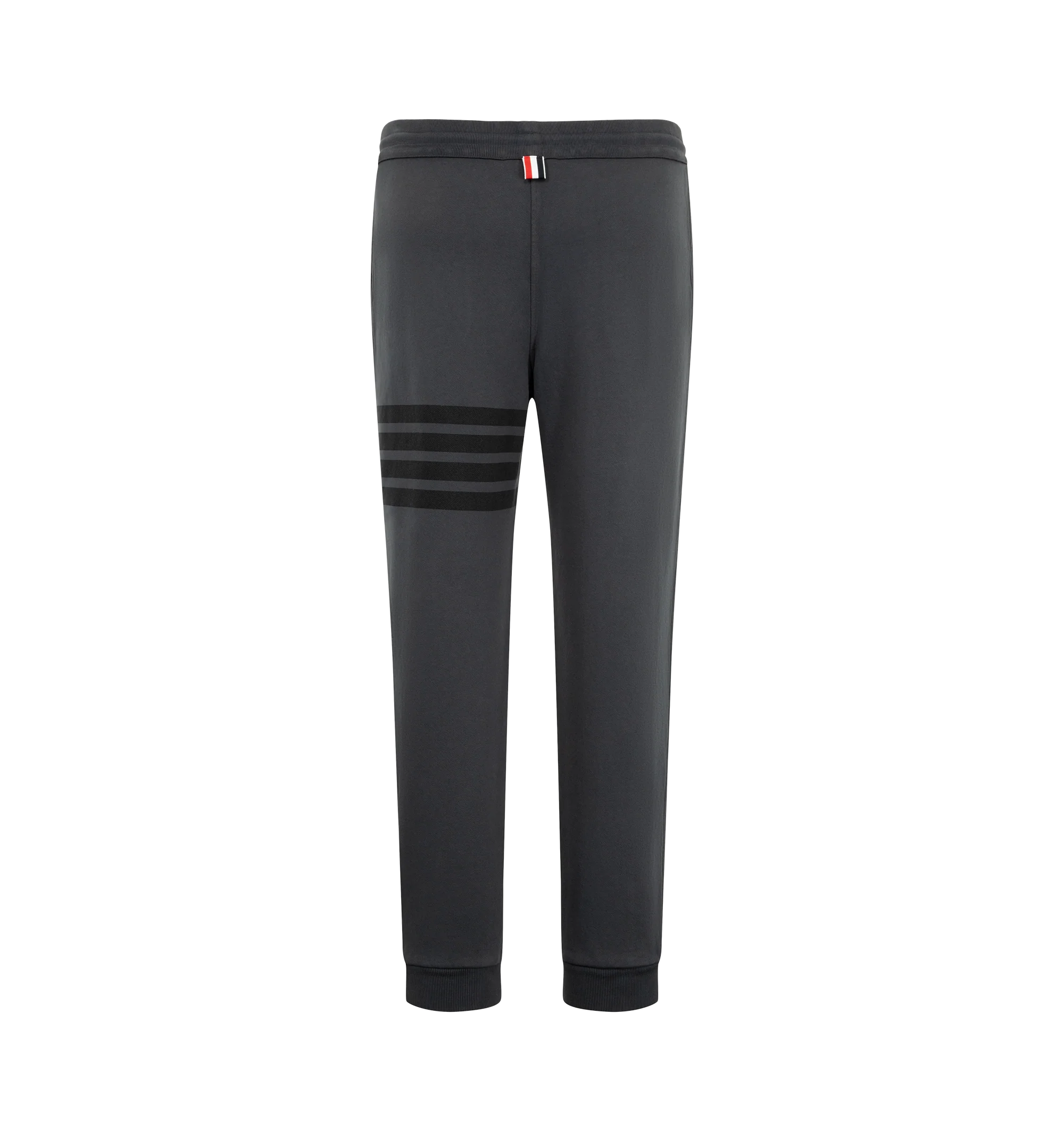 Image 2 of 3 - GREY - Thom Browne Men's Classic Loopback Sweatpants feature a pull-on waist with drawcords, and slim leg with signature stripes, logo patch and cuffed hems. Material: Cotton.