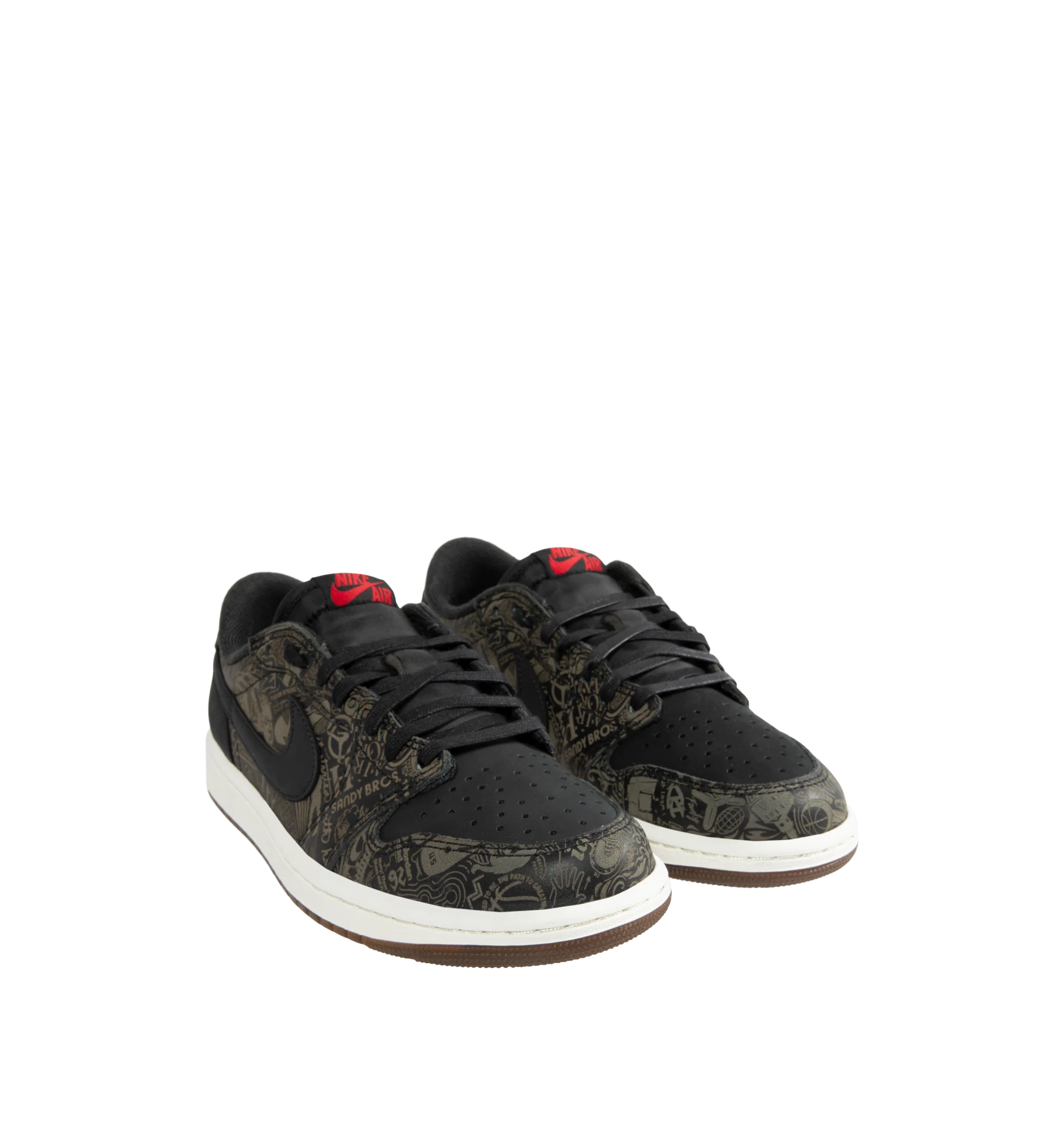 Image 2 of 5 - MULTI - Jordan Men's Air Jordan 1 Low OG "Laser" Sneakers feature a genuine leather upper in Black, Summit White, and Varsity Red. Inspired by the original 1985 silhouette, the low-top design is finished with a foam midsole, encapsulated Air-Sole cushioning, and a solid rubber outsole for durable traction. Upper: Genuine Leather. Midsole: Foam. Sole: Rubber.