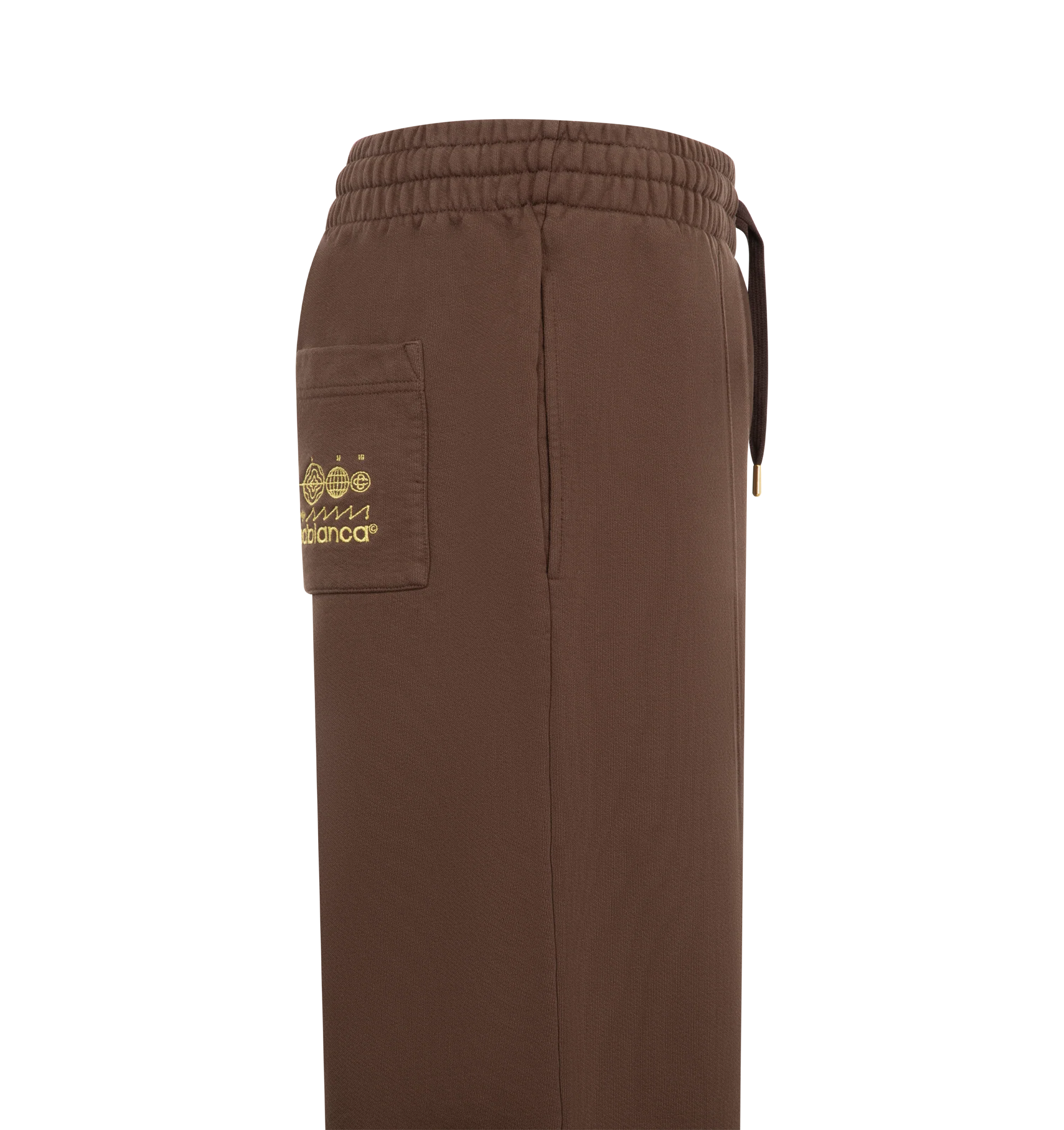 Image 3 of 3 - BROWN - Casablanca Men's Embroidered Pintuck Joggers are crafted from premium cotton and feature a relaxed silhouette with pintuck detailing, an elasticated drawstring waistband, ribbed cuffs, side pockets, and signature embroidered branding. These designer joggers combine exceptional everyday comfort with Casablanca's refined luxury sportswear aesthetic, creating an elevated essential for casual styling. Main Material: 100% Cotton. 