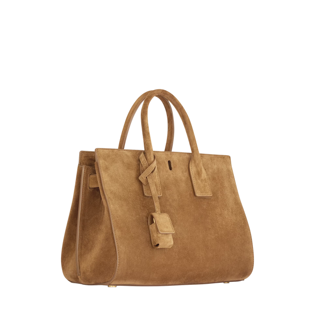 Image 5 of 6 - BROWN - SAINT LAURENT Sac De Jour Suede Bag featuring signature padlock, an east/west format, structured bag, top handles, interchangeable straps for multiple carry options, viscose and polyester lining, bronze-tone hardware, toggle hook closure, expandable accordion sides, one zip pouch and interchangeable suede strap and canvas strap. 9.8" x 7.5" x 5.9". Calfskin. Made in Italy.