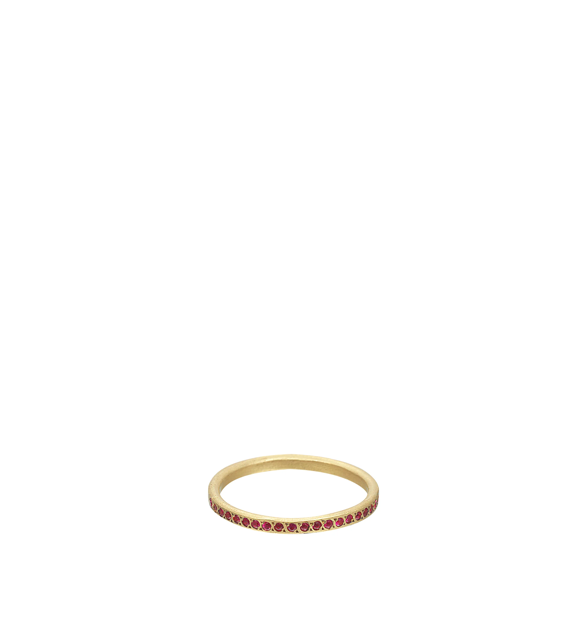 Image 1 of 1 - GOLD - Eli Halili Ruby Thin Band Ring is handcrafted in rich 22K gold and features a refined slender silhouette set halfway around the band with precious rubies for a subtle touch of vibrant color. Main Material: 22K Gold. Gemstones: Approximately 0.10 CTW Precious Rubies. Setting: Half Band. Ring SIZE 4-9*For personal consultation and detailed information about jewelry, please contact our dedicated stylist team at personalshopping@hirshleifers.com.This item may be restricted for online purch