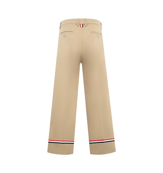Image 2 of 3 - BROWN - THOM BROWNE Cotton Gabardine Chino featuring tab closure with zip fly, slip hand pockets, buttoned back welt pockets, signature striped grosgrain loop tab and relaxed fit. 100% cotton. Made in Italy.