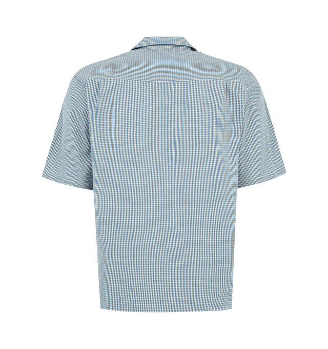 Image 2 of 2 - BLUE - LE PERE Poplin Camp Shirt featuring a relaxed camp-collar, premium Japanese cotton, double back pleats, "le PRE" logo embroidered at chest, button front and short sleeves. 100% cotton. Made in Italy.
