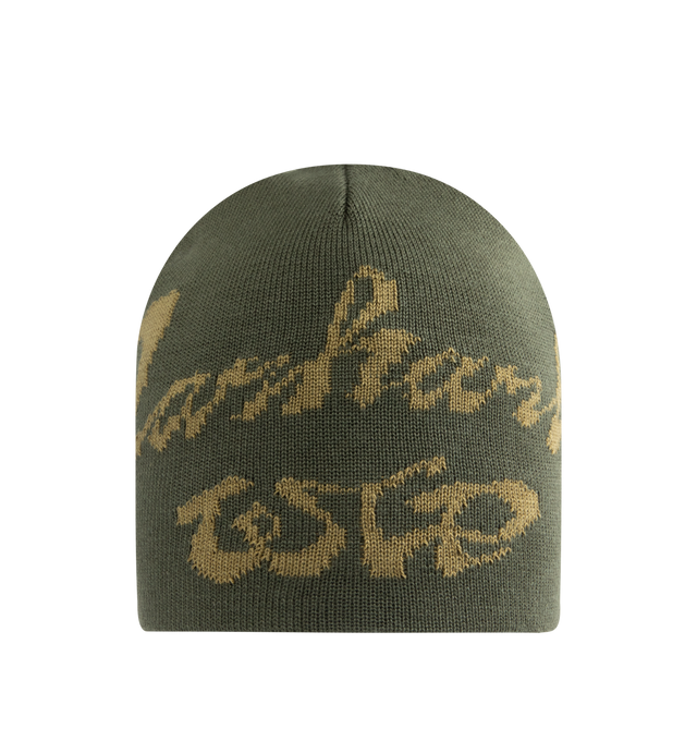 Image 1 of 2 - GREEN - CARHARTT WIP Chedda WIP Beanie featuring a midweight knit made from stretch-cotton yarn and a large jacquard graphic. 48% cotton, 47% acrylic, 4% nylon, 1% elastane.