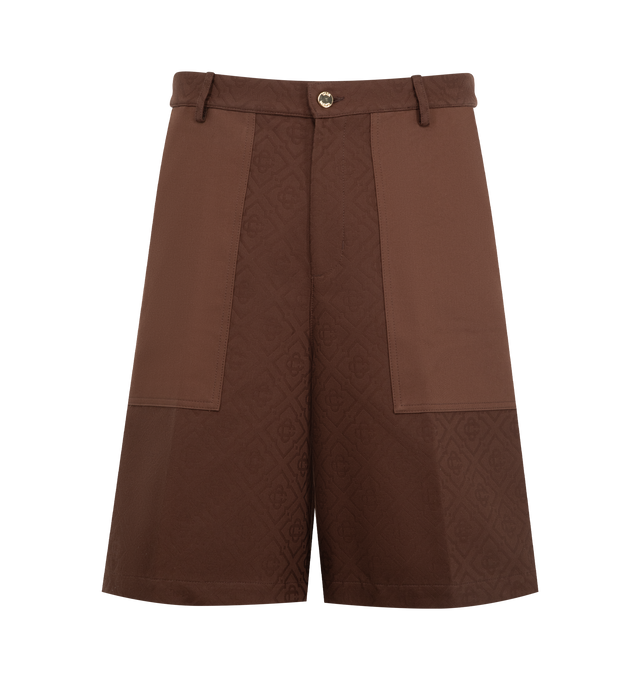 Image 1 of 3 - BROWN - CASABLANCA Monogram Cargo Shorts featuring monogram pattern, cargo pockets, zip fastening, belt loops, two side slash pockets, two rear flap pockets and silver-tone hardware. 100% cotton. Made in Italy.