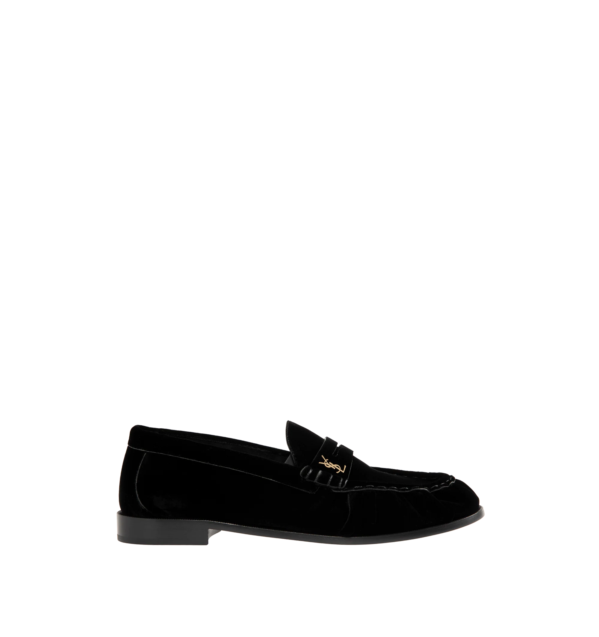 Image 1 of 4 - BLACK - Saint Laurent Men's Cassandre Velvet Penny Loafers are crafted from plush velvet and feature a supple silhouette with a hand-stitched moc toe for a refined finish. Designed with a classic penny loafer profile, these designer shoes are accented with the signature Cassandre in gold-tone brass hardware and finished with a leather sole and low stacked heel. Main Material: Velvet. Hardware: Brass. Sole: Leather. Heel Height: 1.5 cm / 0.6 in. Details: Gold-Tone Cassandre Hardware, Hand-Stit