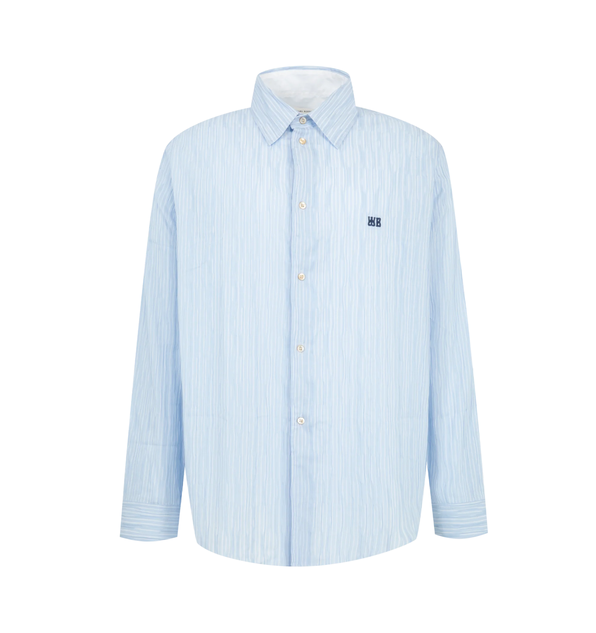 Image 1 of 2 - BLUE - Wales Bonner Men's Atlantic Shirt is crafted from soft cotton pliss stripe fabric and features a cornflower blue and white striped design. Tailored with a spread collar, button-front closure, buttoned barrel cuffs, and a shirttail hem, the shirt is finished with logo embroidery at the chest and a Morning Raga graphic print at the back. Main Material: 100% Cotton. Closure: Button Front. Collar: Spread Collar. Cuffs: Buttoned Barrel Cuffs. Detail: Logo Embroidery at Chest, Morning Raga G